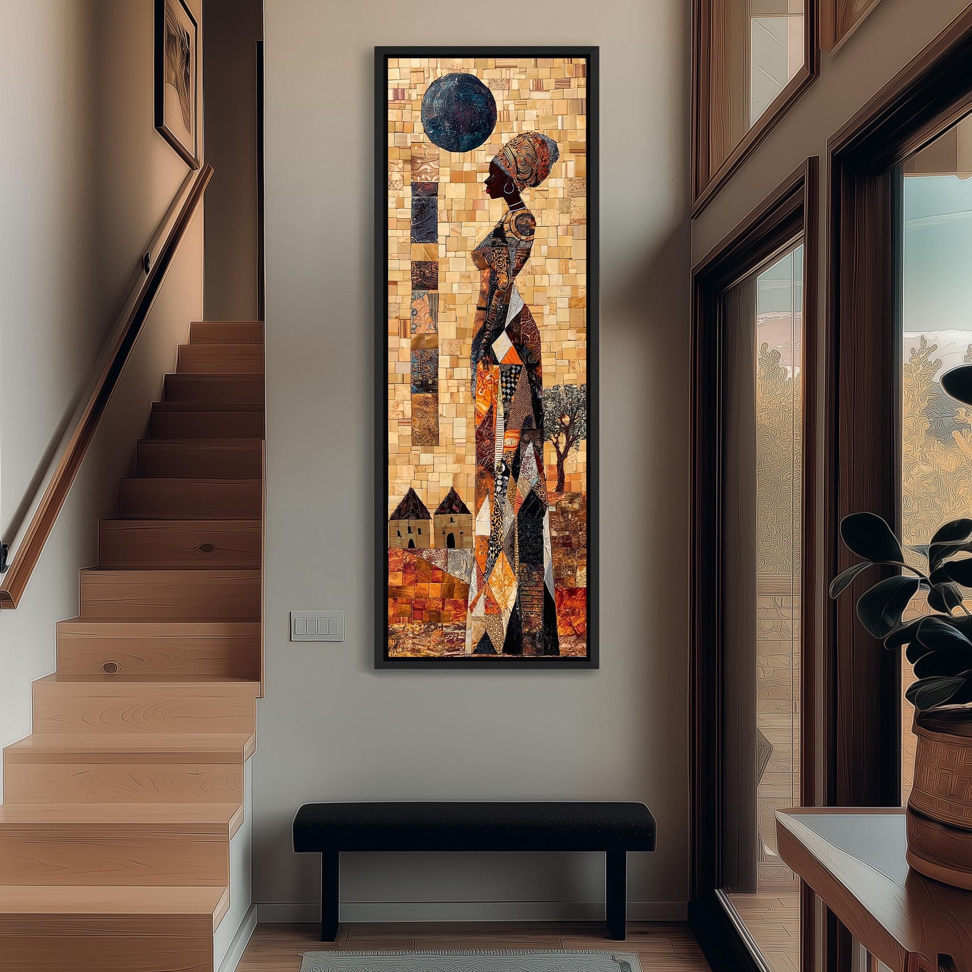 a large, colorful mosaic artwork depicting a woman standing in front of a building, with a large circular object above her. The artwork is mounted on the wall in a hallway, with a staircase visible in the background.