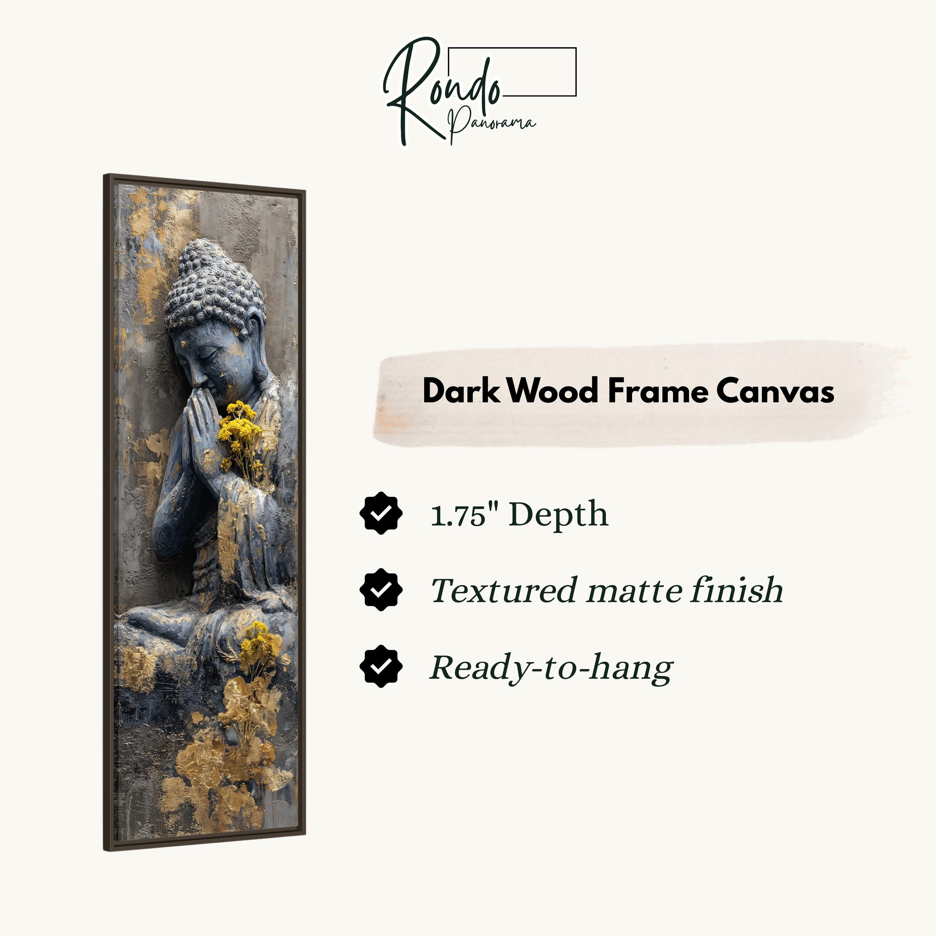 The image is a dark wood frame canvas featuring a Buddha statue with a yellow flower in its mouth.