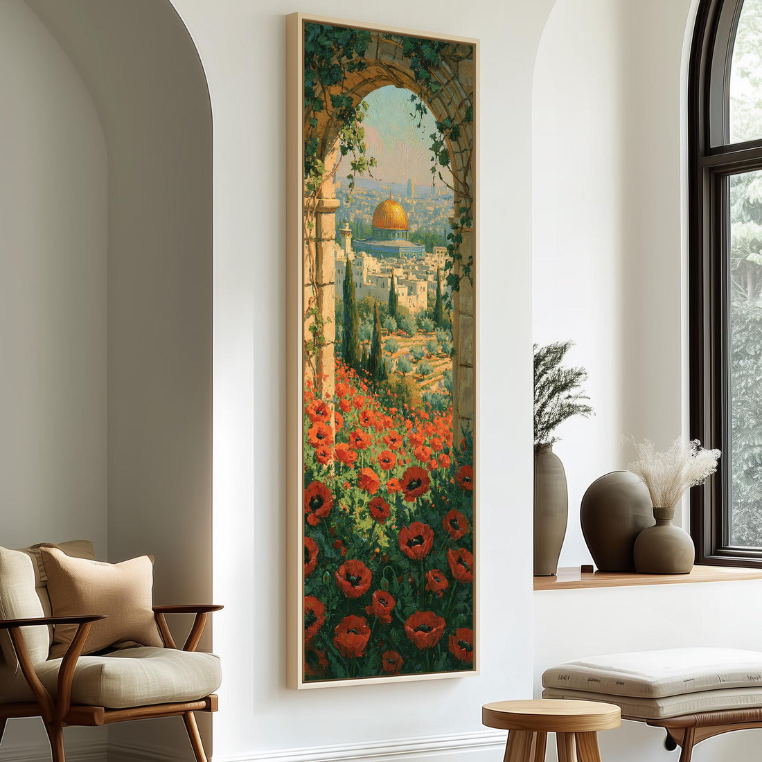 Jerusalem seen through an arch above red poppies long vertical canvas print in a sunlit living space