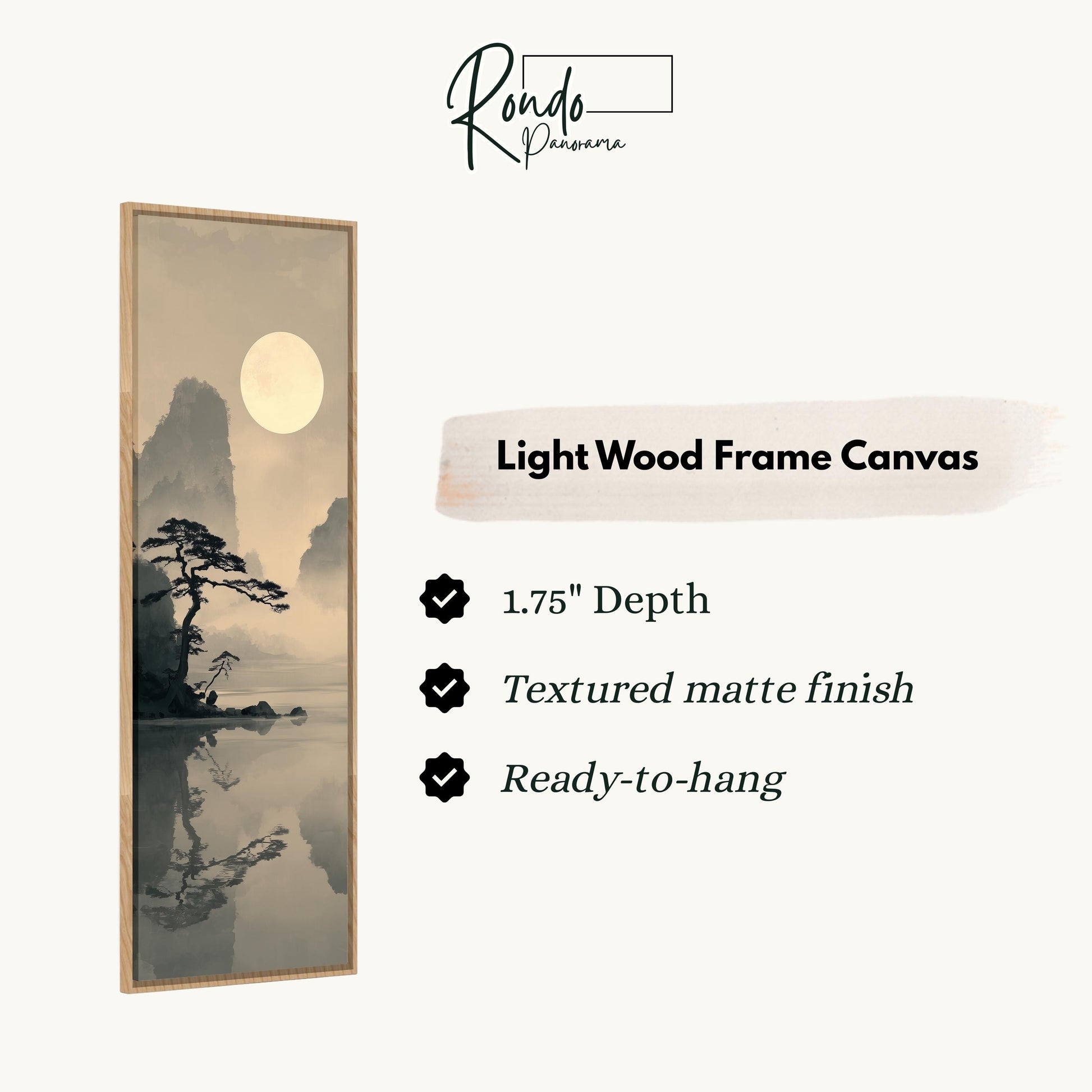 The image is a light wood frame canvas depicting a serene landscape with a tree and a body of water reflecting the moon.