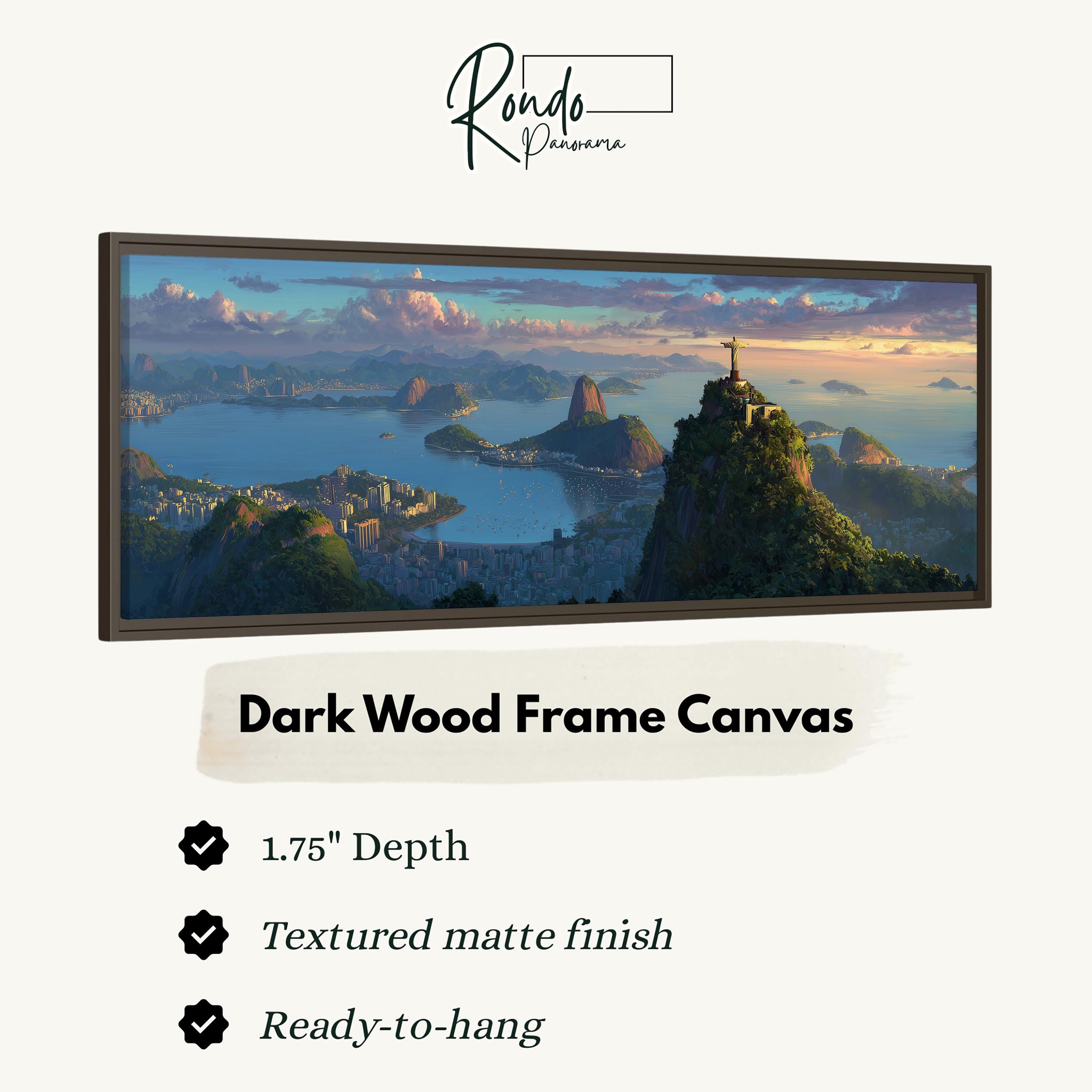 The image is a framed canvas depicting a scenic landscape with mountains, a city, and a body of water.