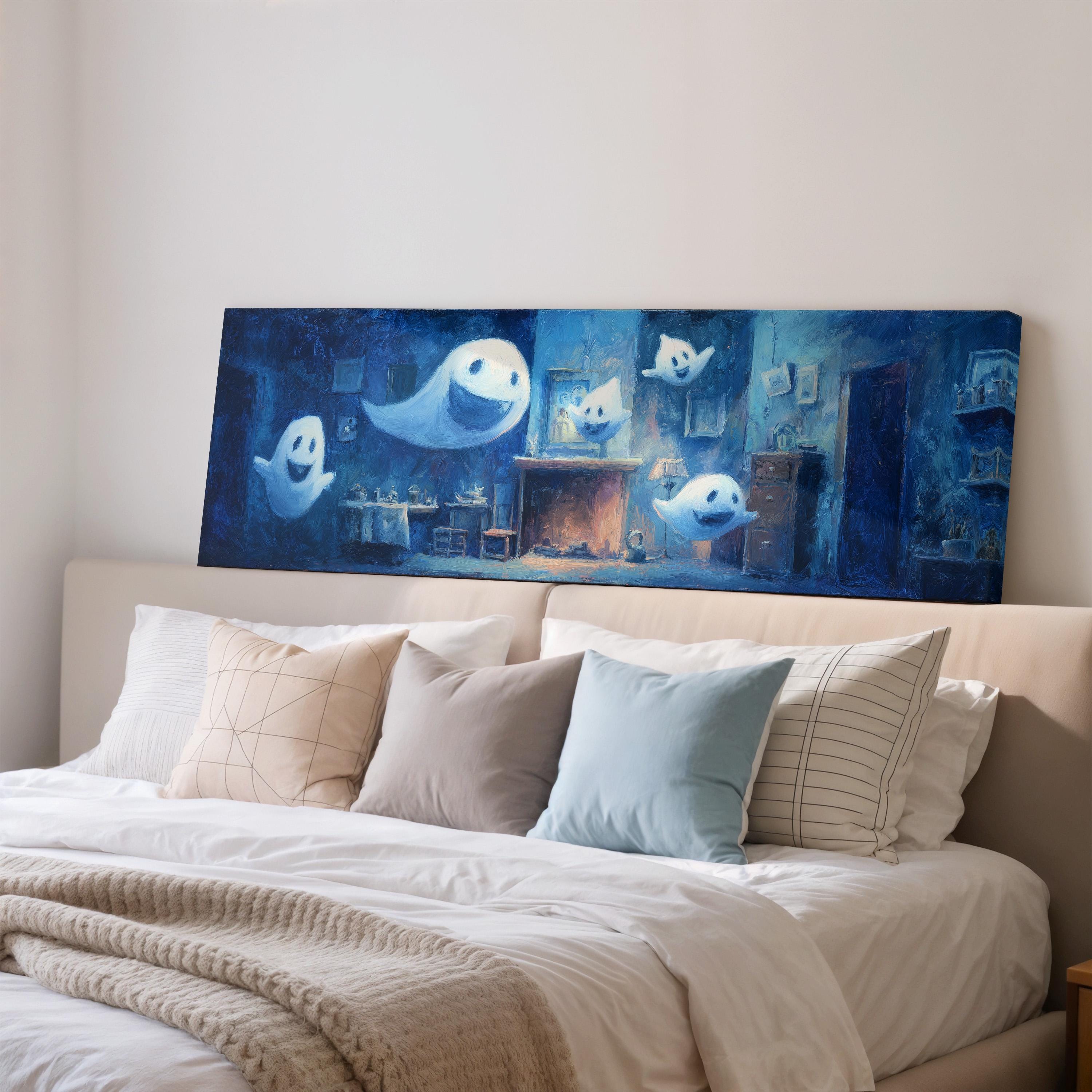 a large painting of ghostly figures on a wall above a bed with white pillows and a white comforter.