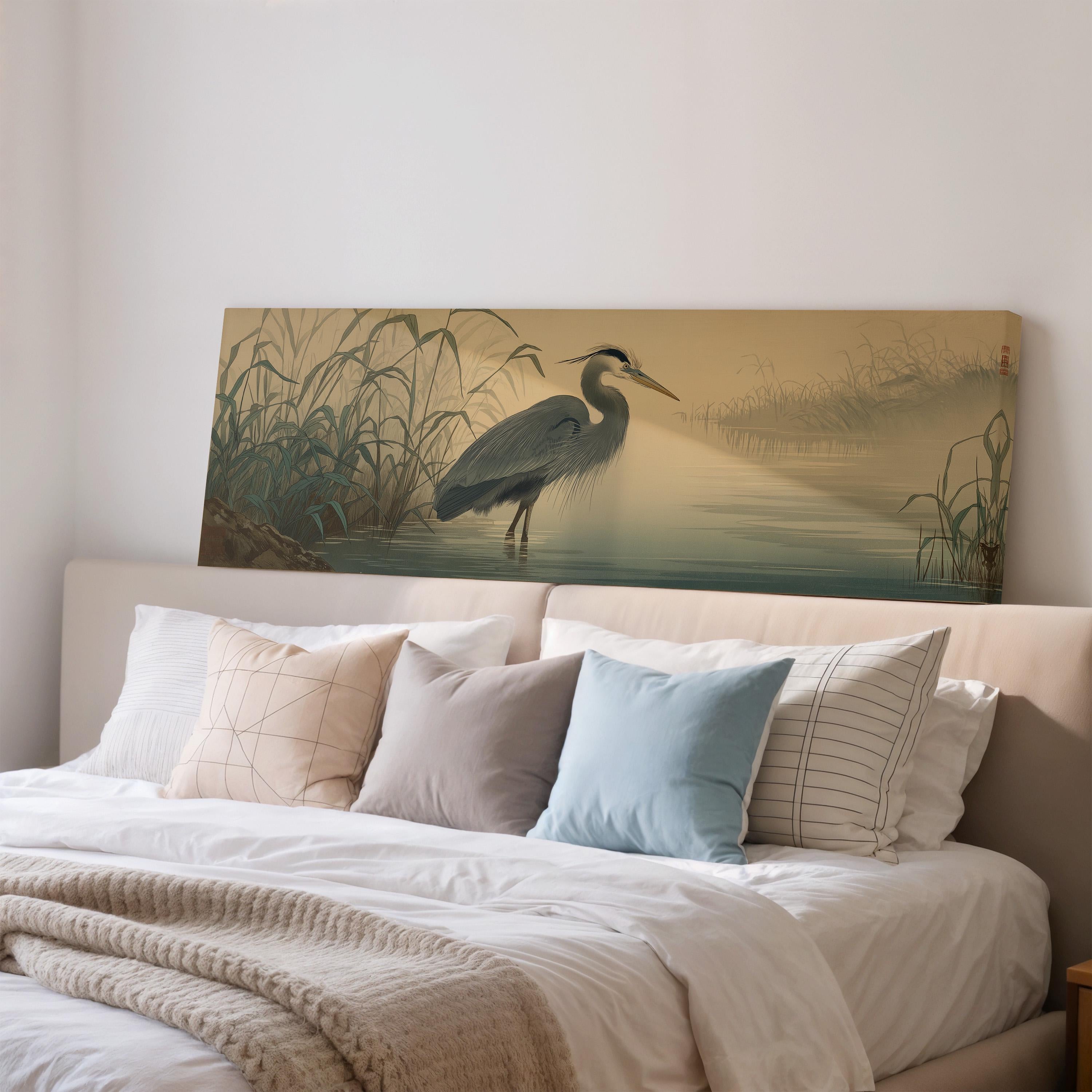 a large painting of a heron standing on a pond, with a serene landscape in the background.