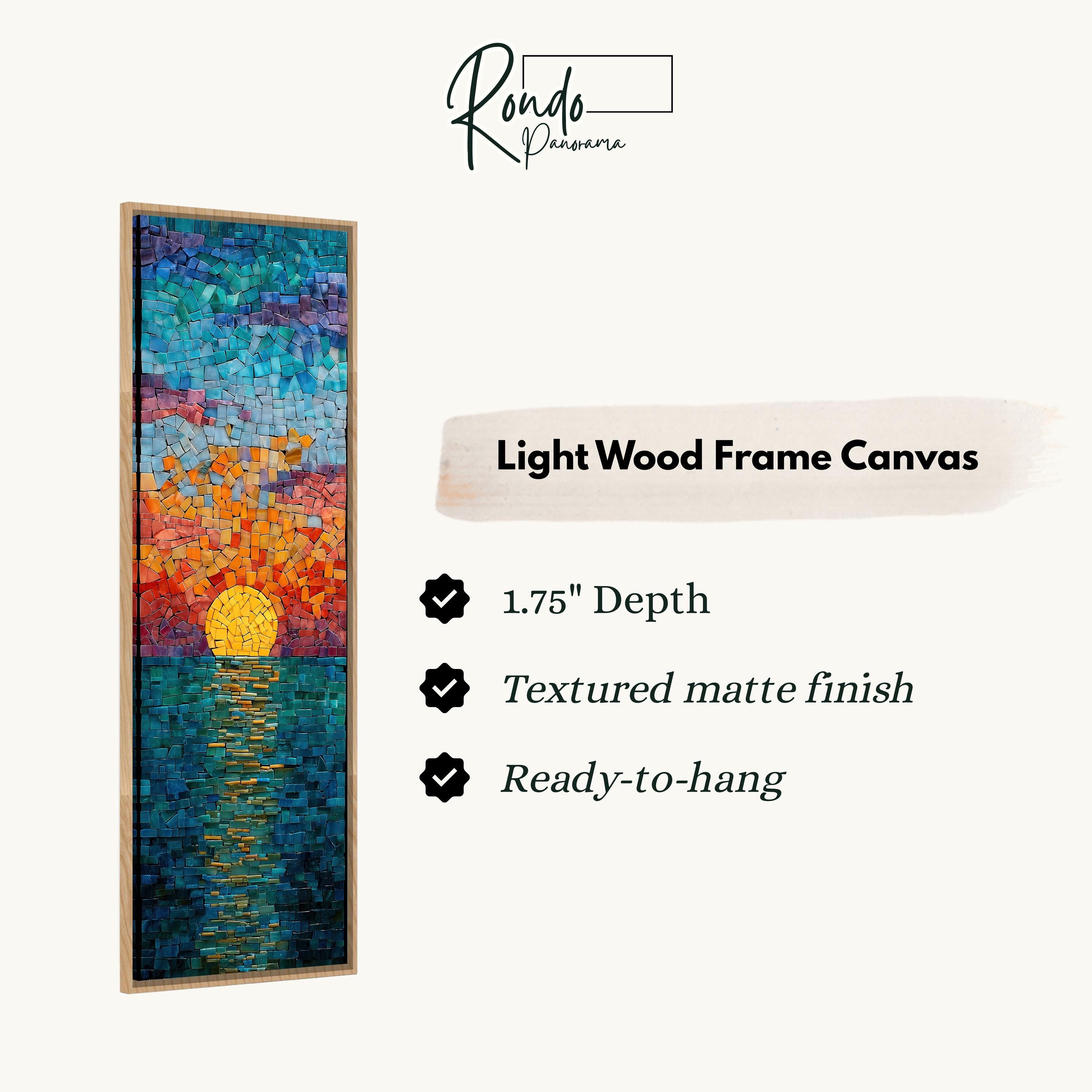 The image is a rectangular frame canvas depicting a colorful mosaic sunset over a body of water.