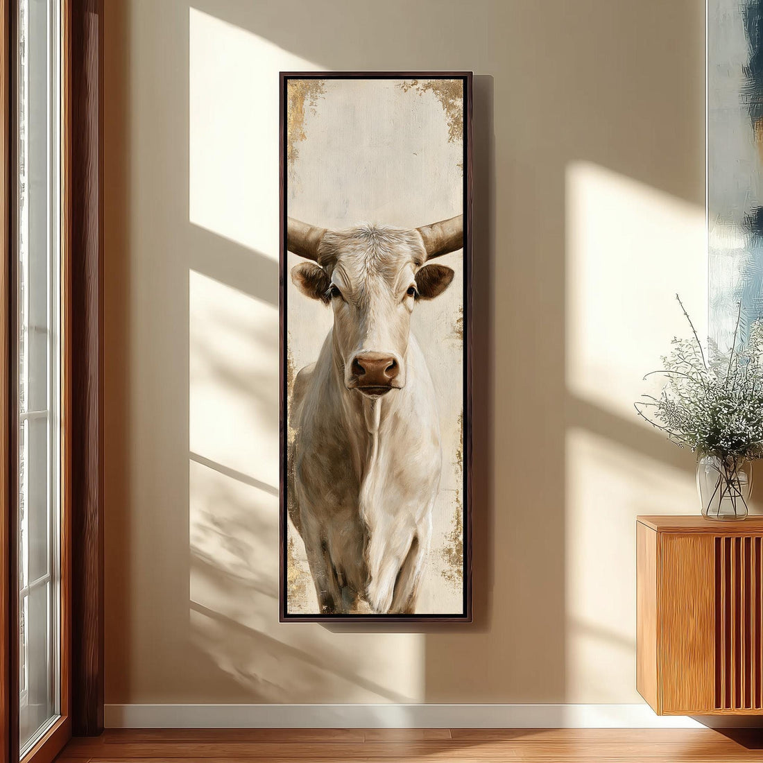 Cream longhorn cow portrait long vertical canvas print in a sunlit living space