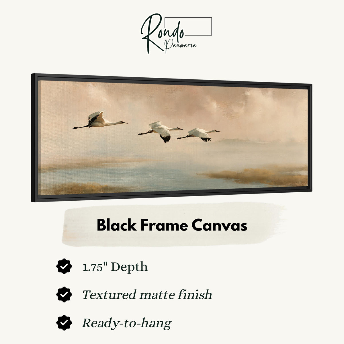 Cranes flying over a calm shore at dusk canvas print in a black floating frame
