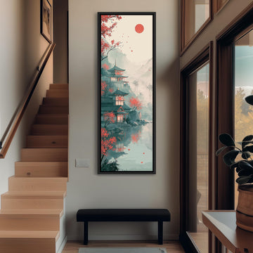 Pagoda by a misty lake under a red sun long vertical canvas print in a sunlit living space