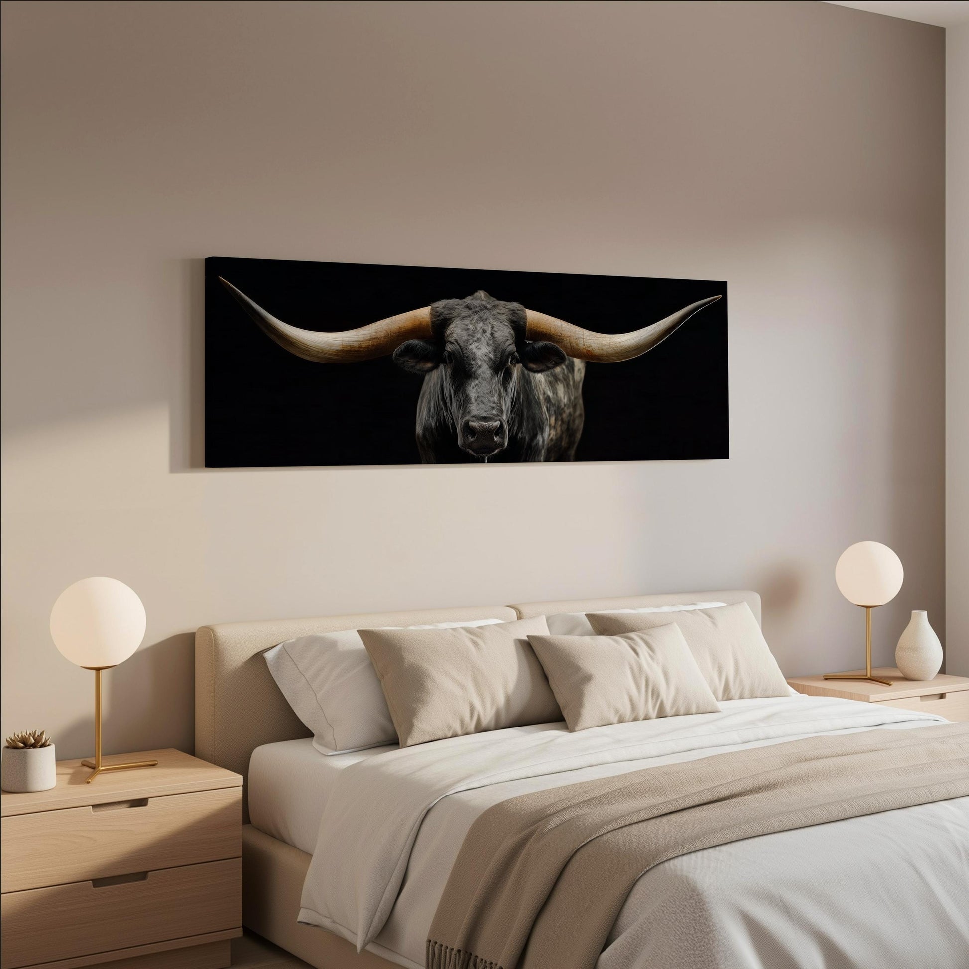 a large bed with a black and white bull's head print displayed above it, creating a striking visual focal point in the bedroom.