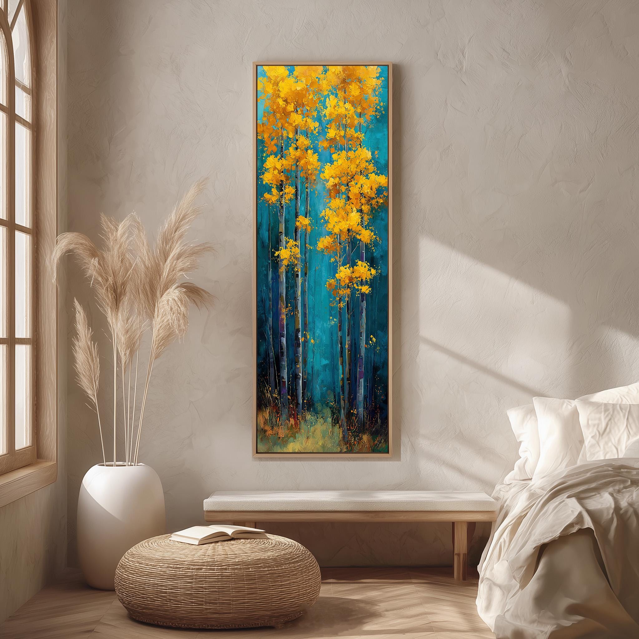 a large painting of a forest scene with tall trees and yellow flowers hanging on a wall in a room with a wooden floor and a white bench.