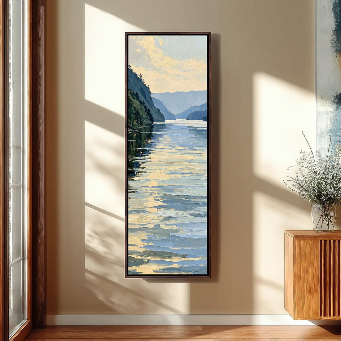 Mountain river reflecting a blue and gold sky long vertical canvas print in a sunlit living space