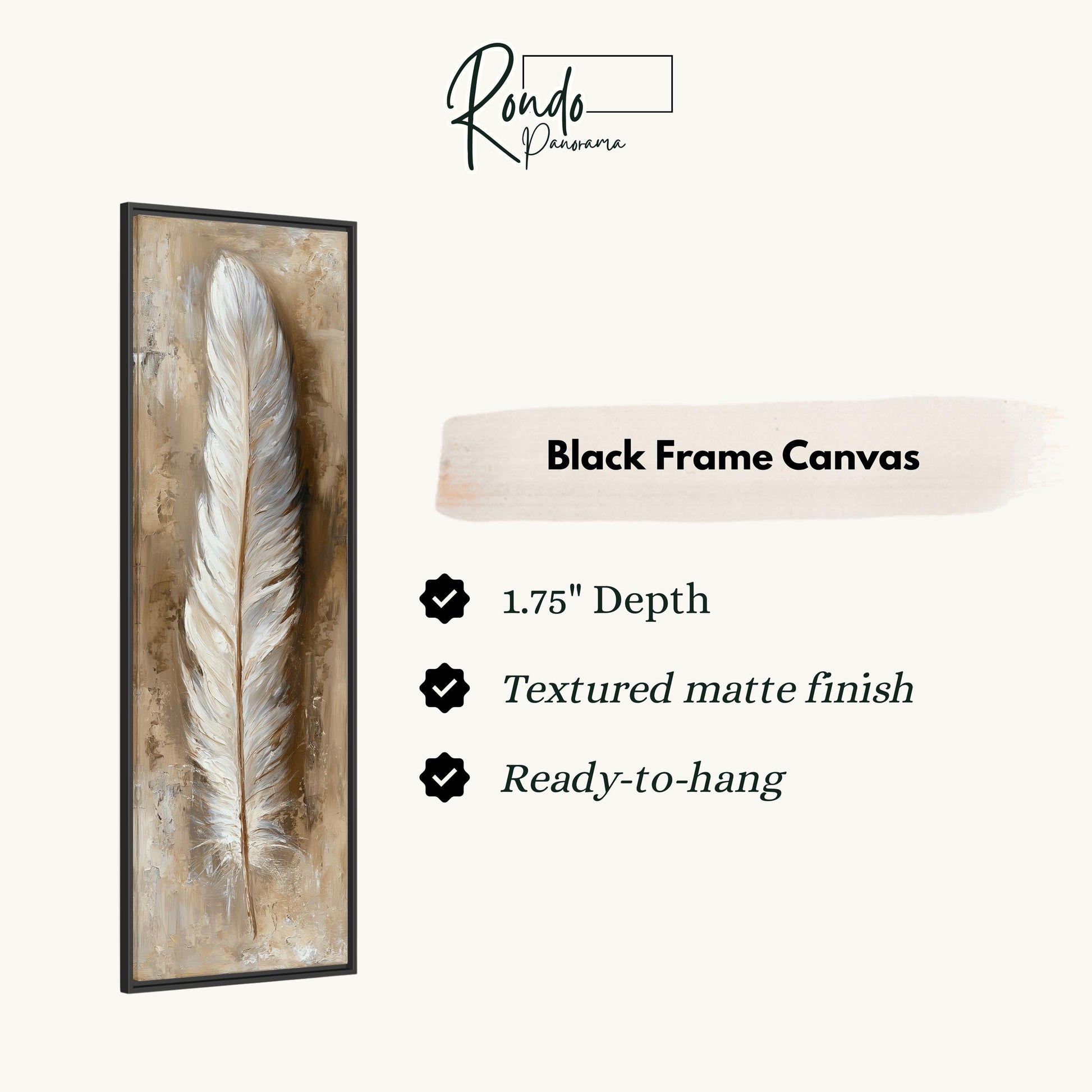 a black frame canvas with a feather on it, along with some text describing the features of the canvas.