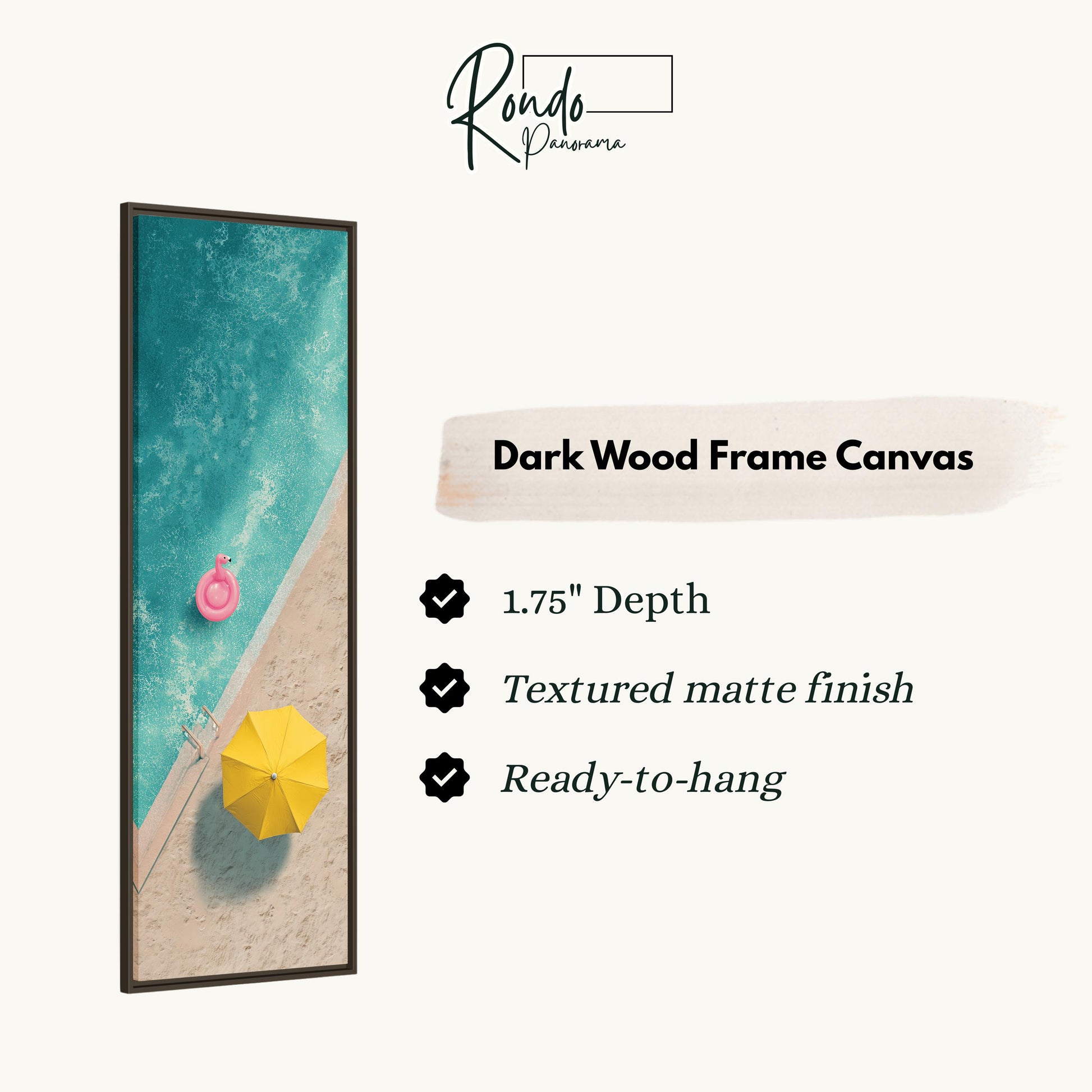 The image is a rectangular dark wood frame canvas with a beach scene on it, featuring a pink inflatable object and a yellow umbrella.