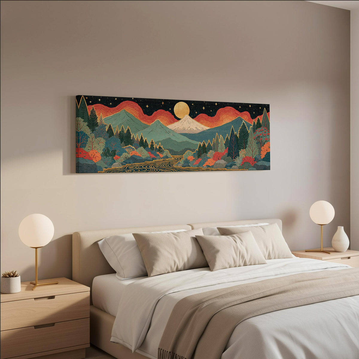 Mystic mountains under a moonrise wide panoramic canvas print above a bed in a neutral bedroom