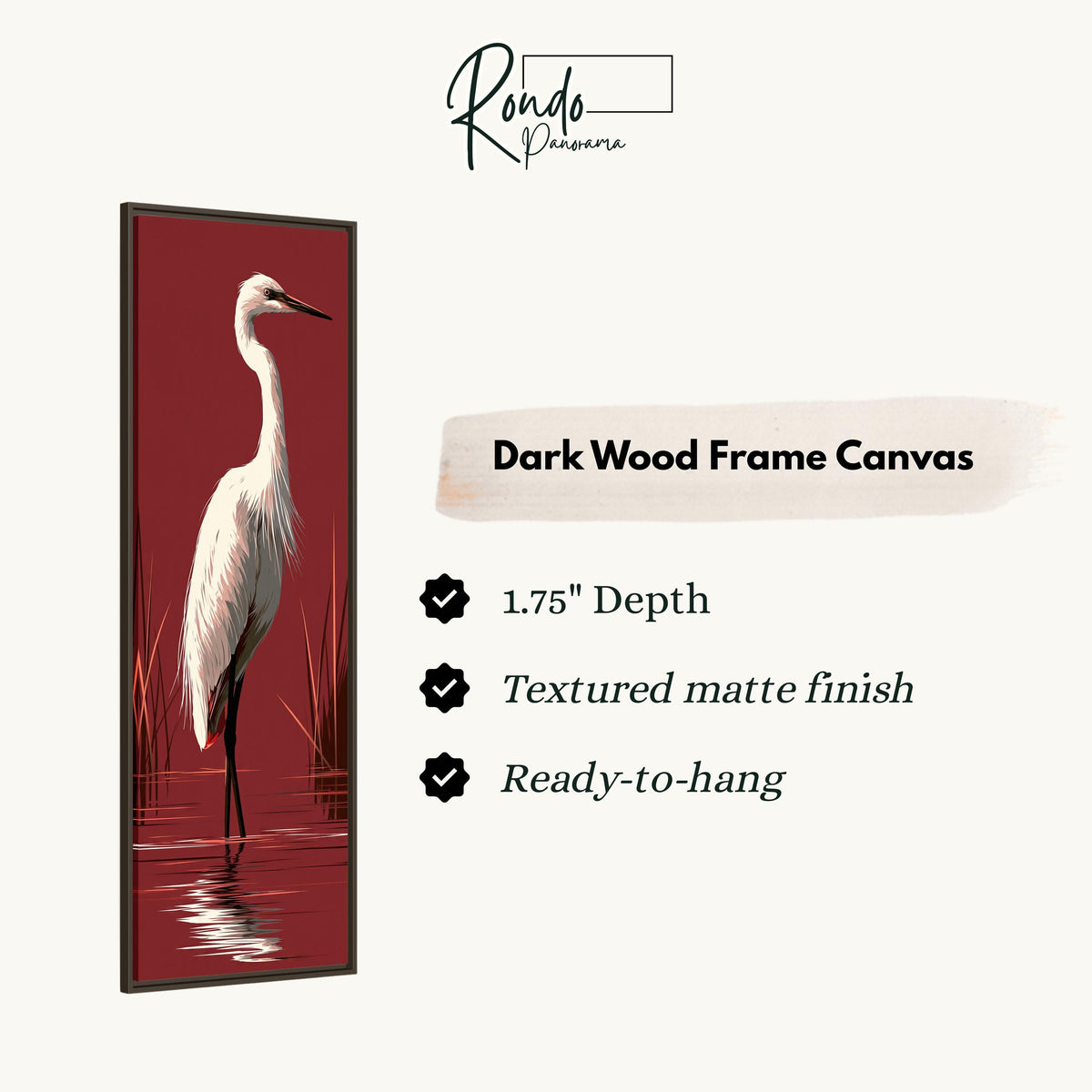 White egret wading on crimson red canvas print in a dark wood floating frame