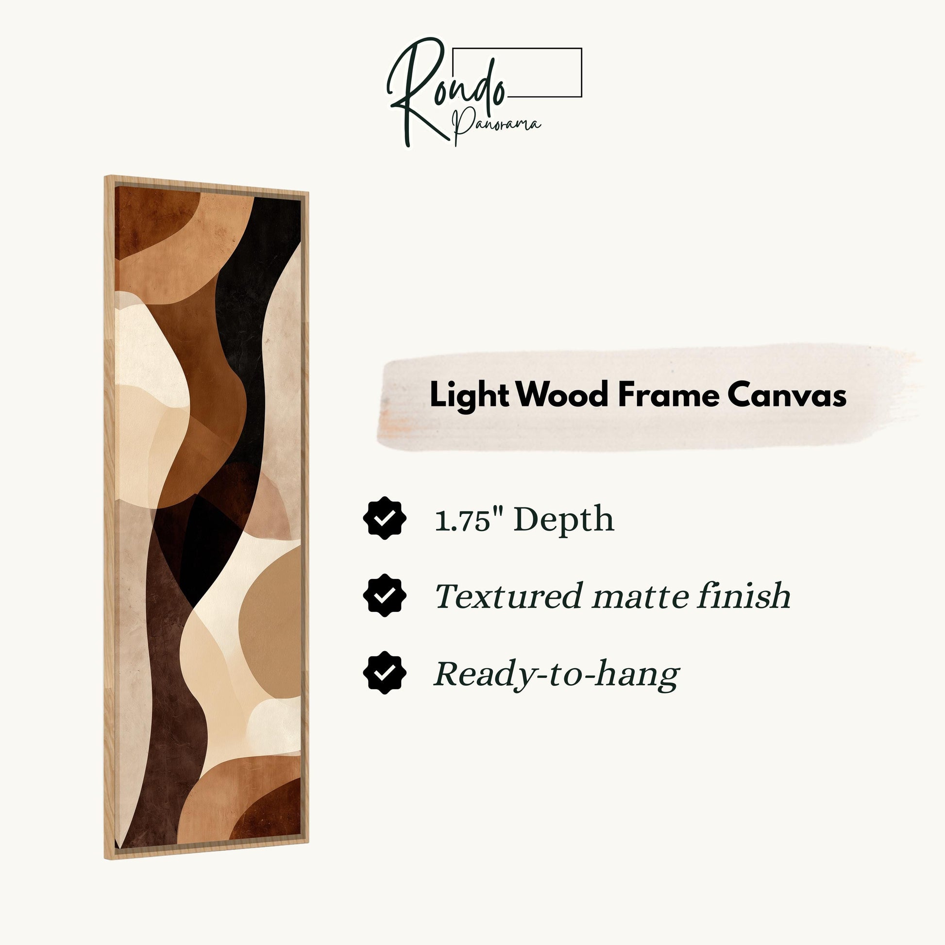 The image is a product description for a light wood frame canvas. It features a rectangular frame with a textured matte finish and a depth of 1.75 inches. The canvas is ready to hang.