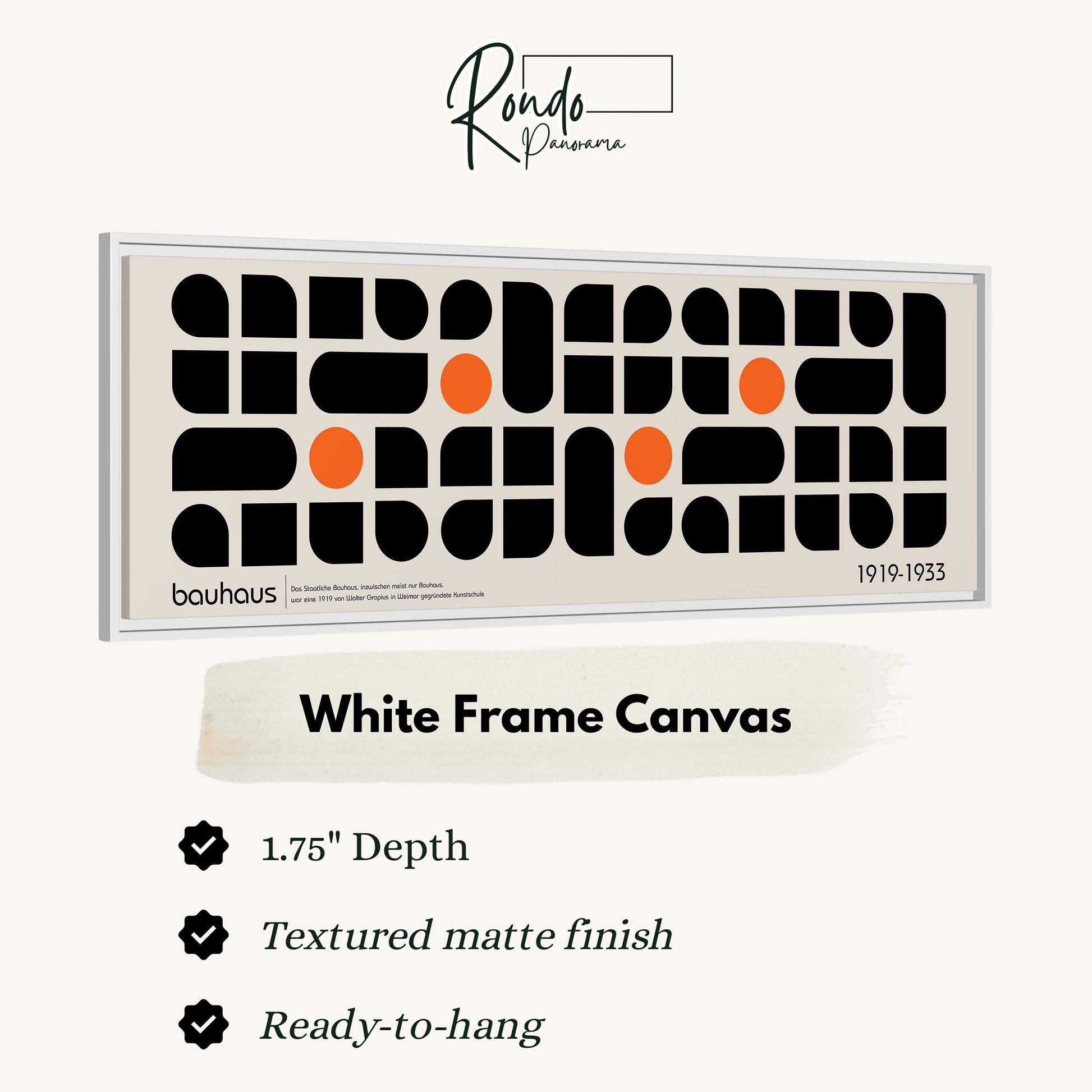The image is a framed canvas with a minimalist design featuring geometric shapes in black and orange colors.