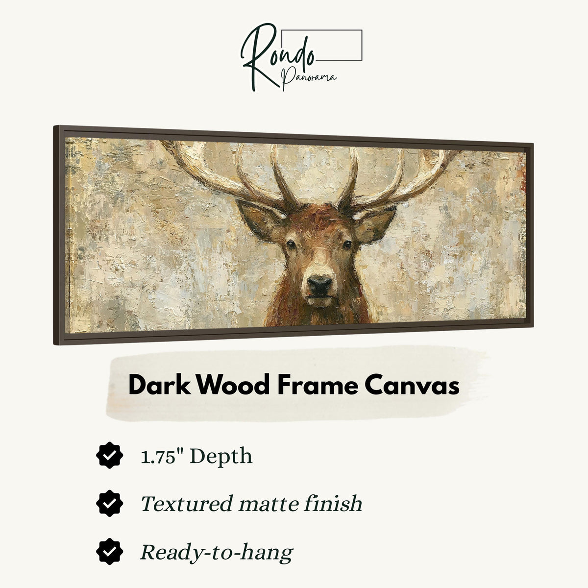 Rustic stag portrait canvas print in a dark wood floating frame