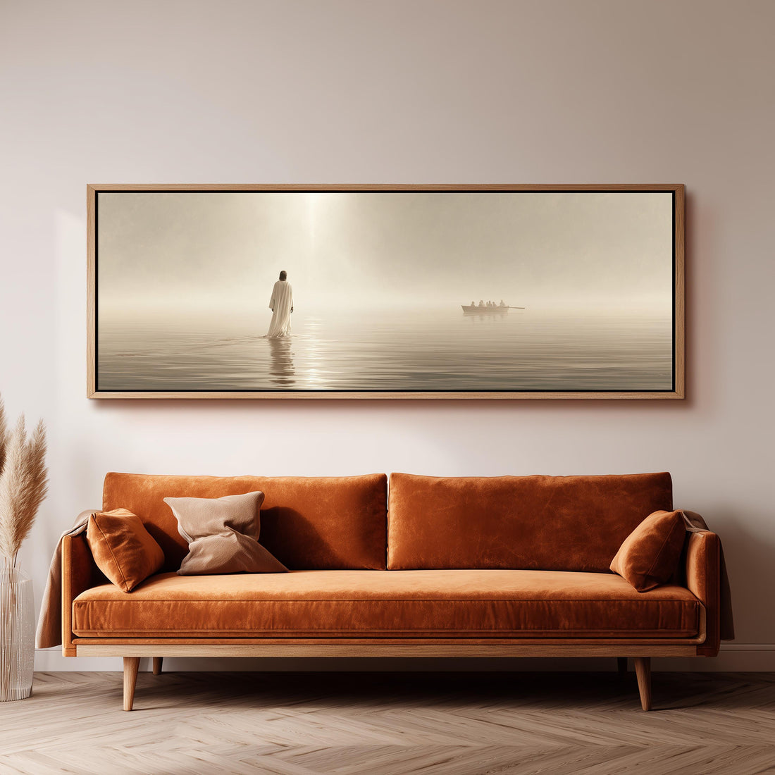 Jesus walking toward a boat on misty water long horizontal canvas print above a sofa in a living room