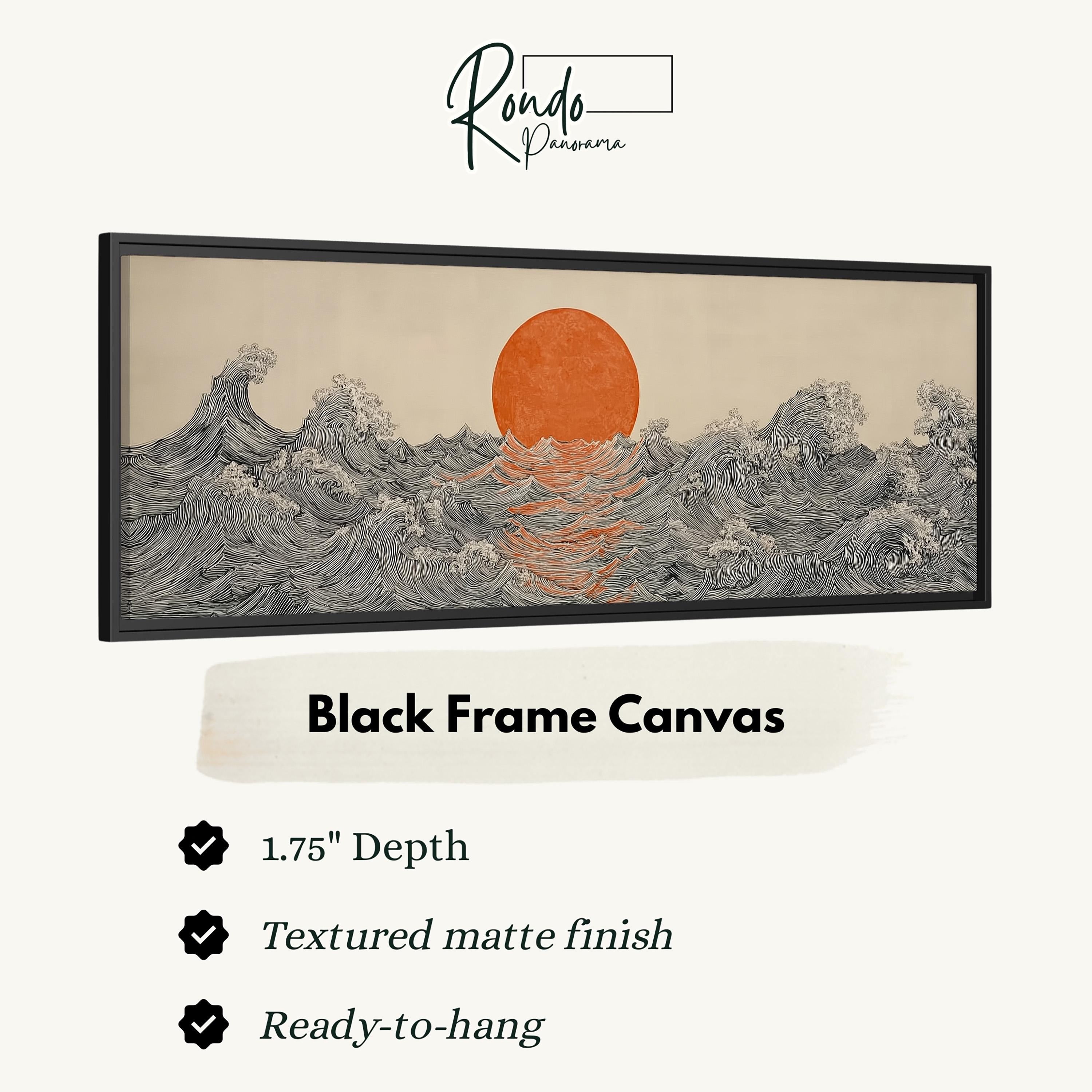 The image is a black frame canvas depicting a sunset over a large body of water with waves.