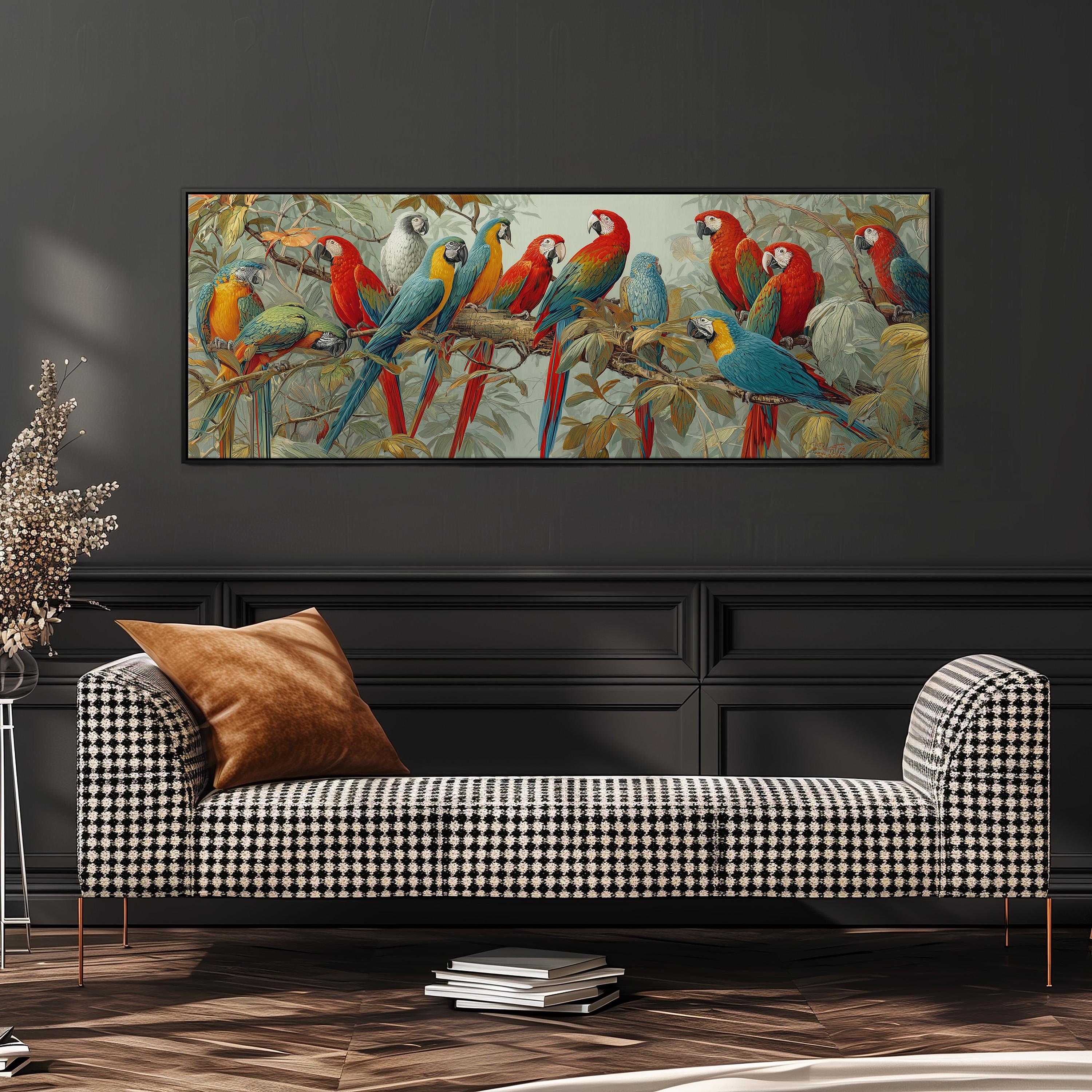a large, colorful painting of a group of parrots perched on branches, hanging on a wall above a black and white checkered sofa.