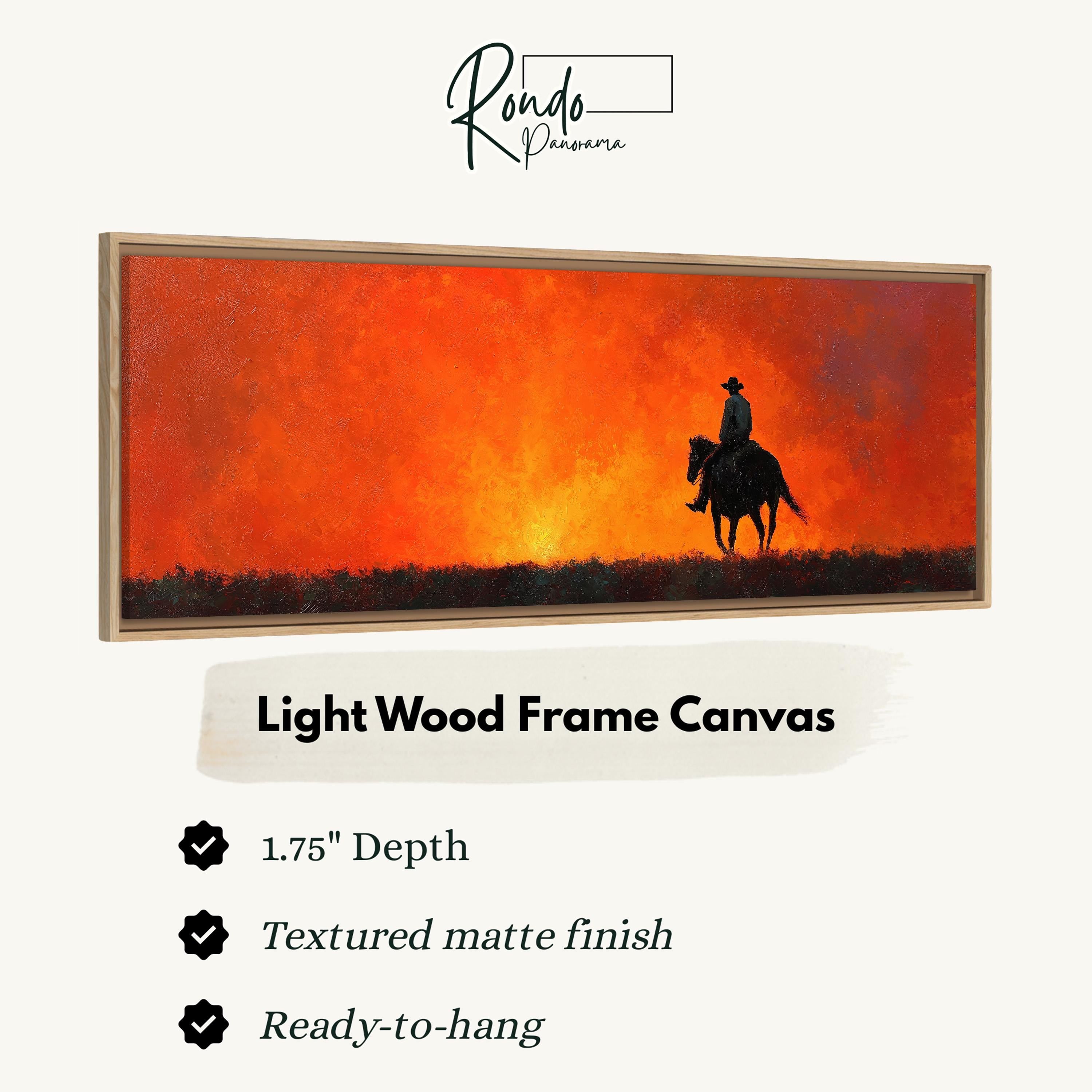 The image is a framed canvas depicting a cowboy riding a horse against a sunset.