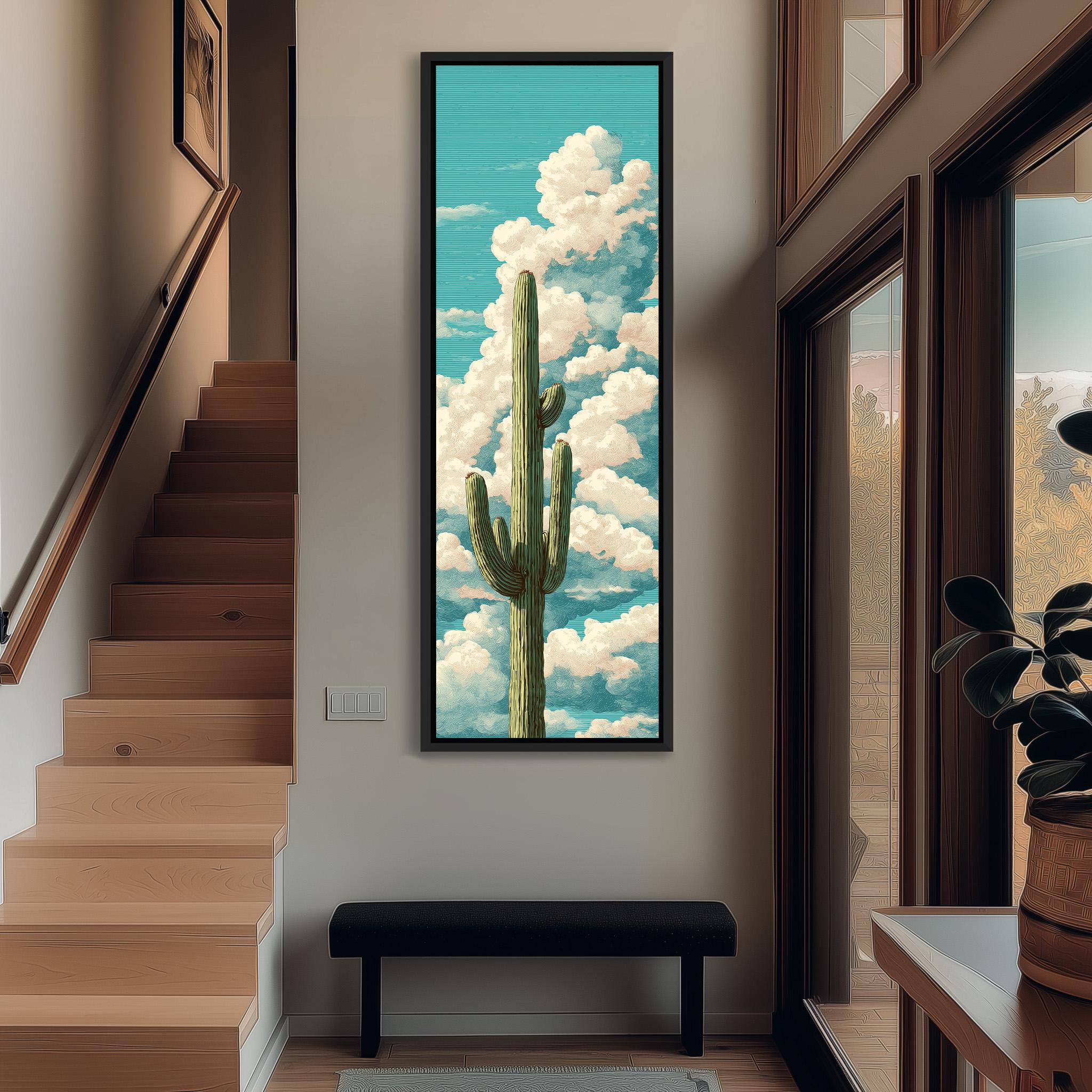 a large framed painting of a cactus with a blue sky and fluffy white clouds in the background, hanging on a wall in a hallway.