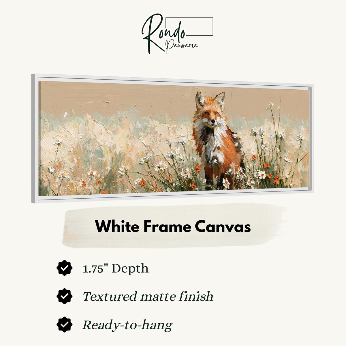 Red fox sitting among white wildflowers canvas print in a white floating frame