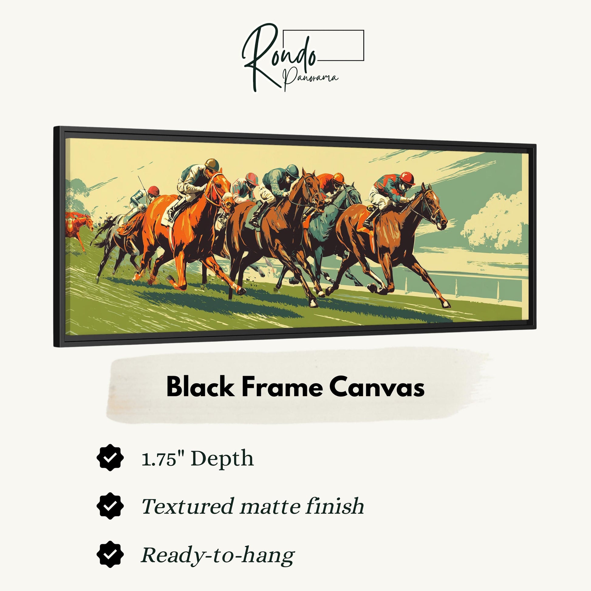 The image is a black frame canvas depicting a group of jockeys racing horses on a track.
