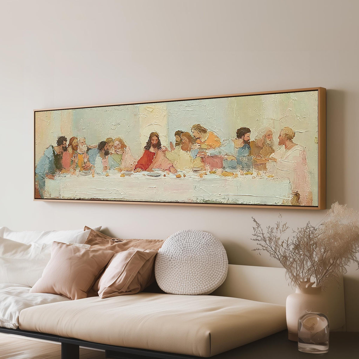 The Last Supper in a classic style panoramic canvas print above a sofa in a living room