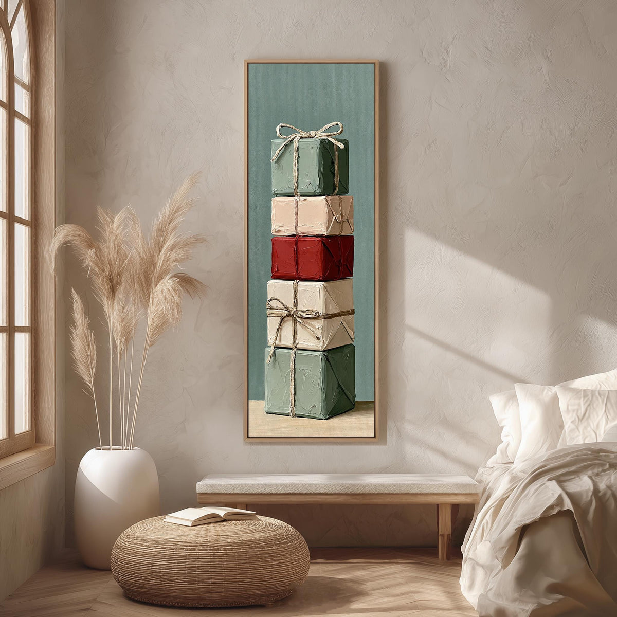 Stack of gifts tied with twine long vertical canvas print in a sunlit living space