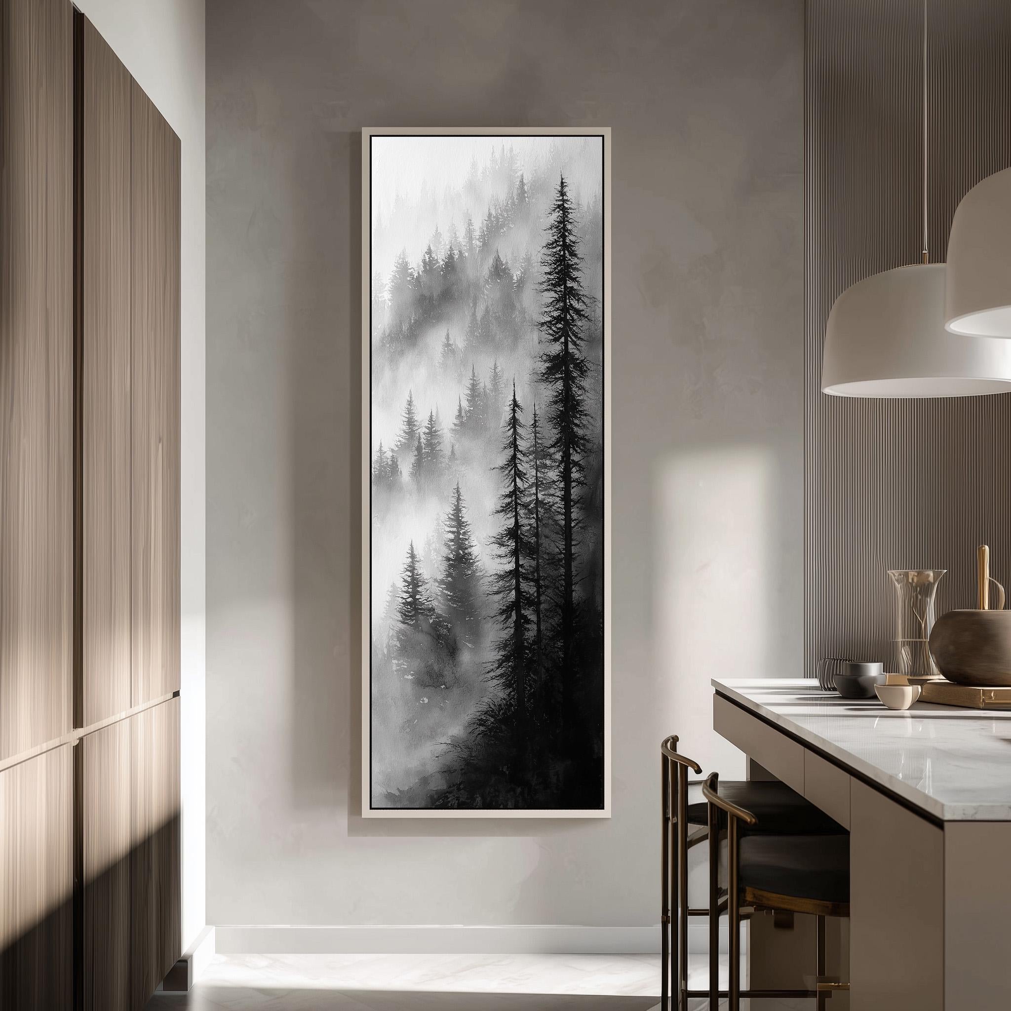 a large black and white painting of a forest scene hanging on a wall in a modern kitchen.
