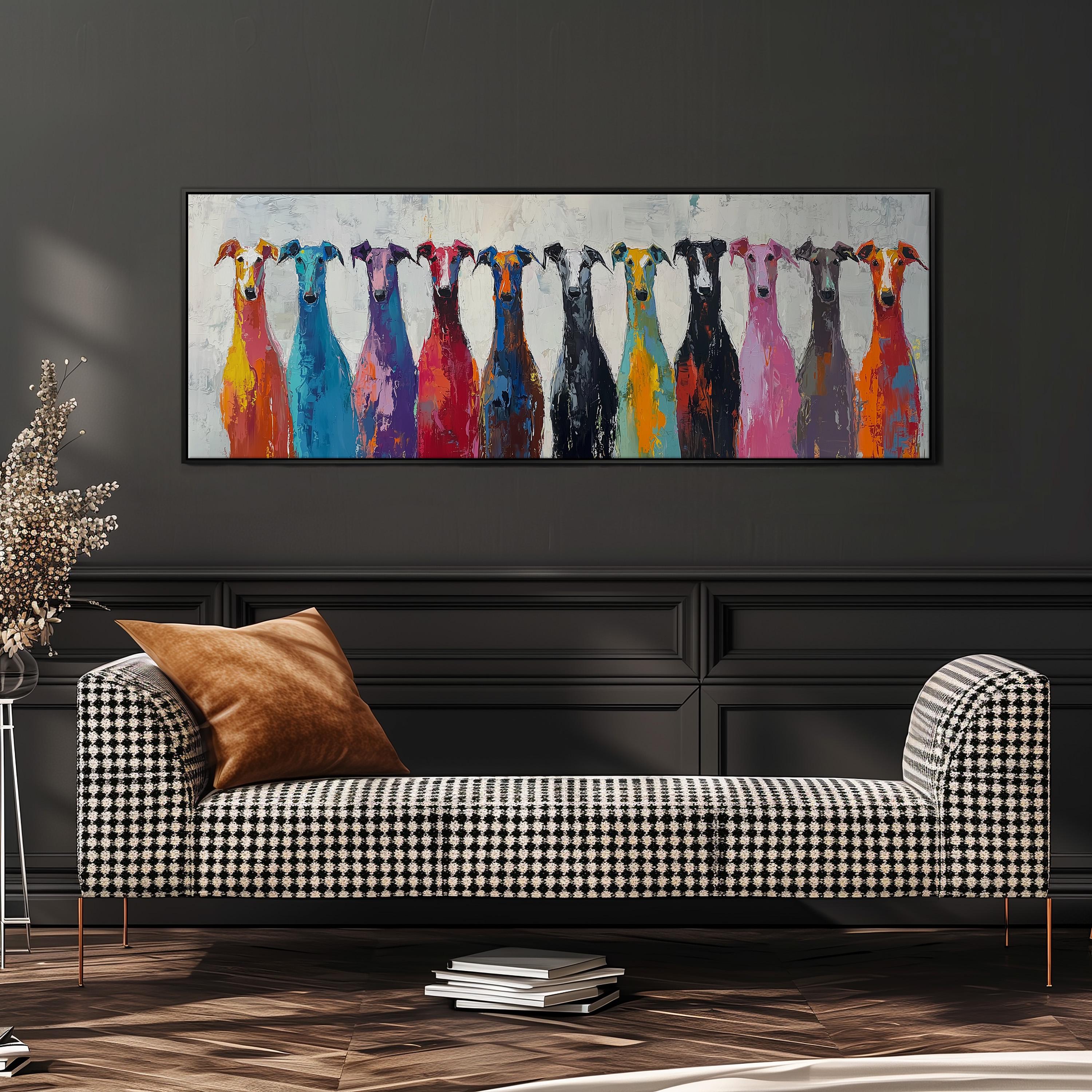 a checkered sofa with a large, colorful painting of nine dogs in various colors and poses displayed above it.