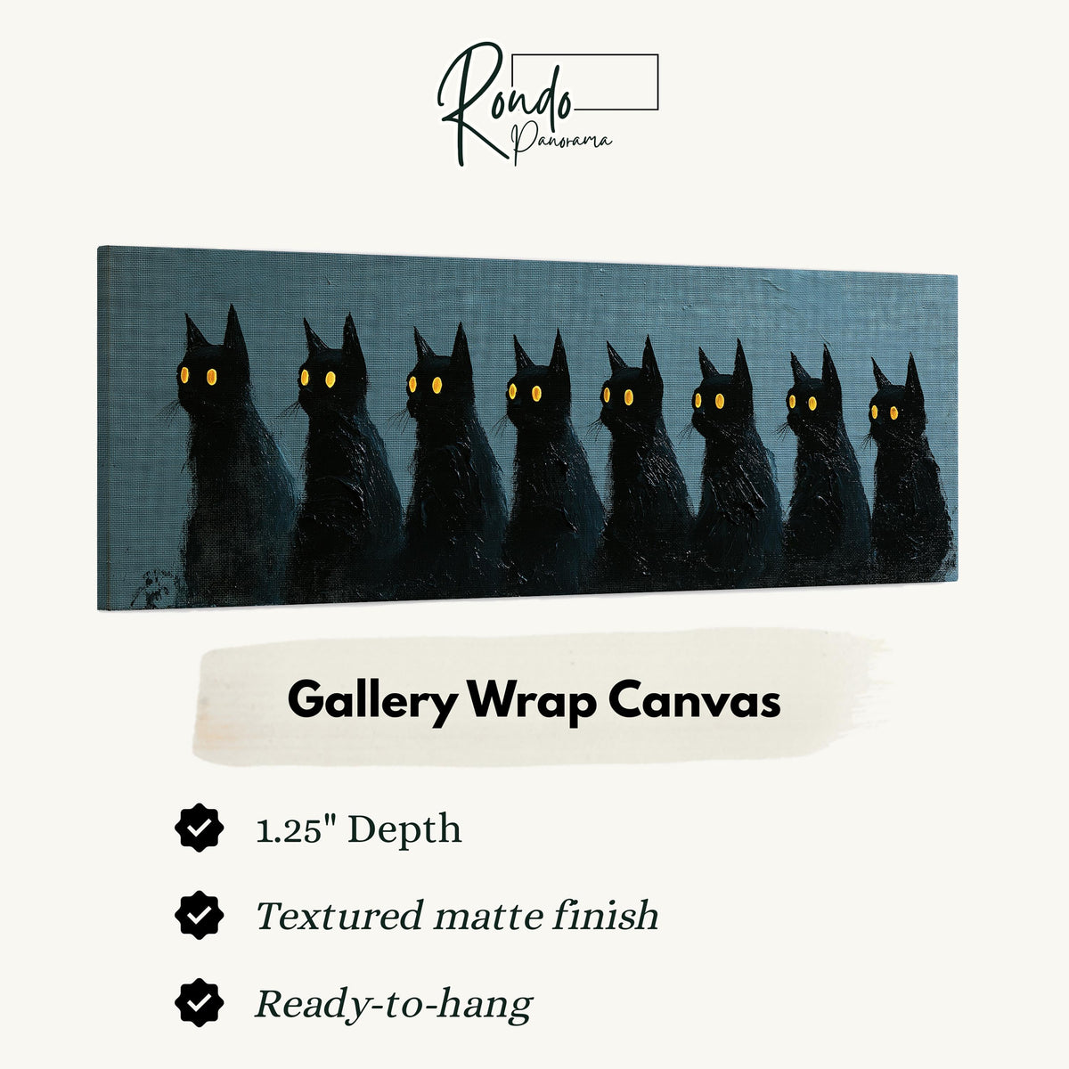 Row of black cats with glowing eyes gallery wrap canvas with the image wrapped around the edges