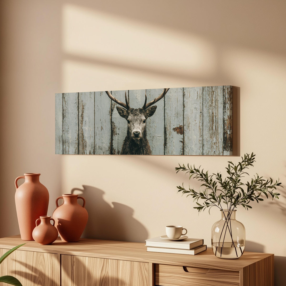 Monochrome stag on barn wood long horizontal canvas print above a wooden sideboard