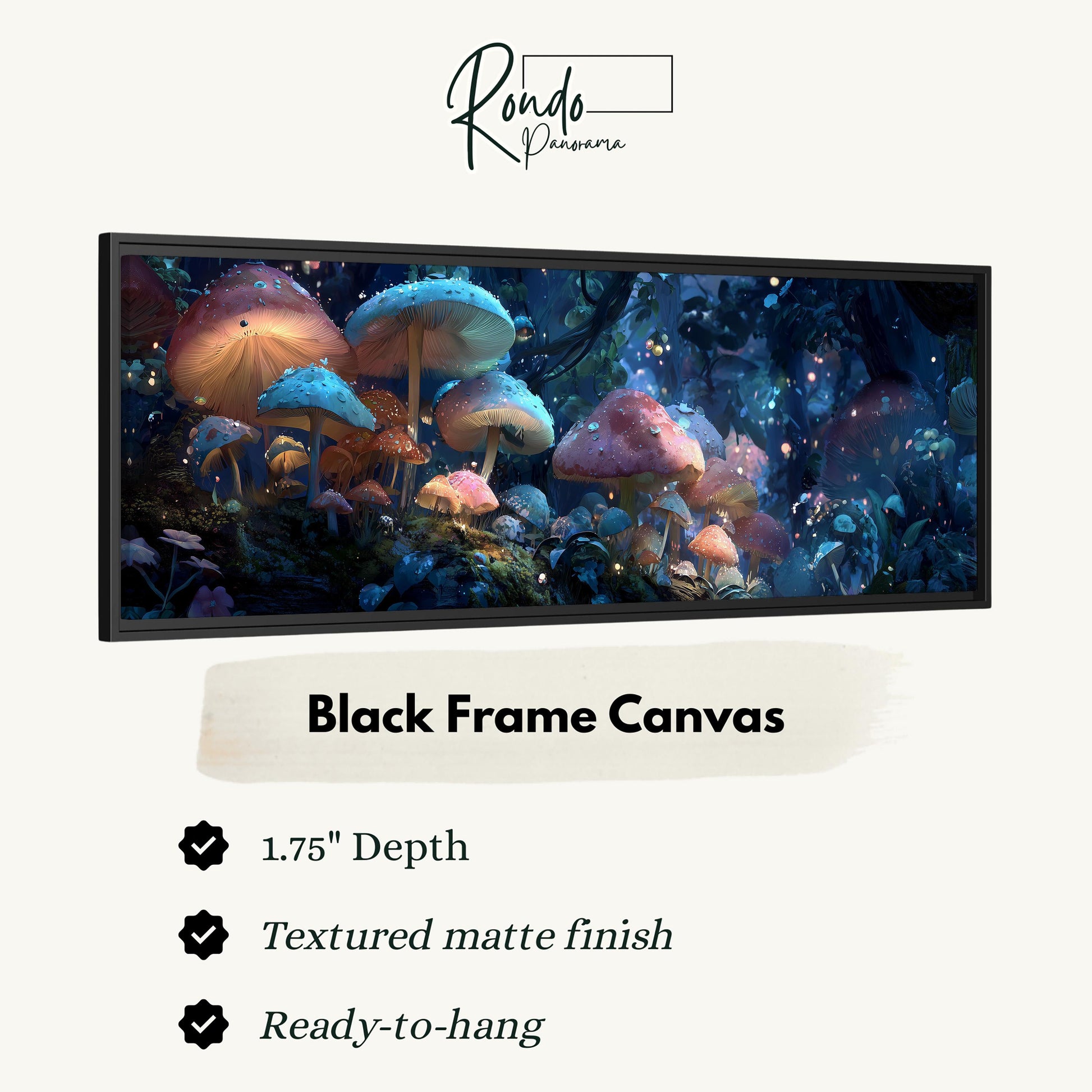 The image is a black frame canvas depicting a fantastical scene of mushrooms and other fantastical creatures in a lush, magical forest.