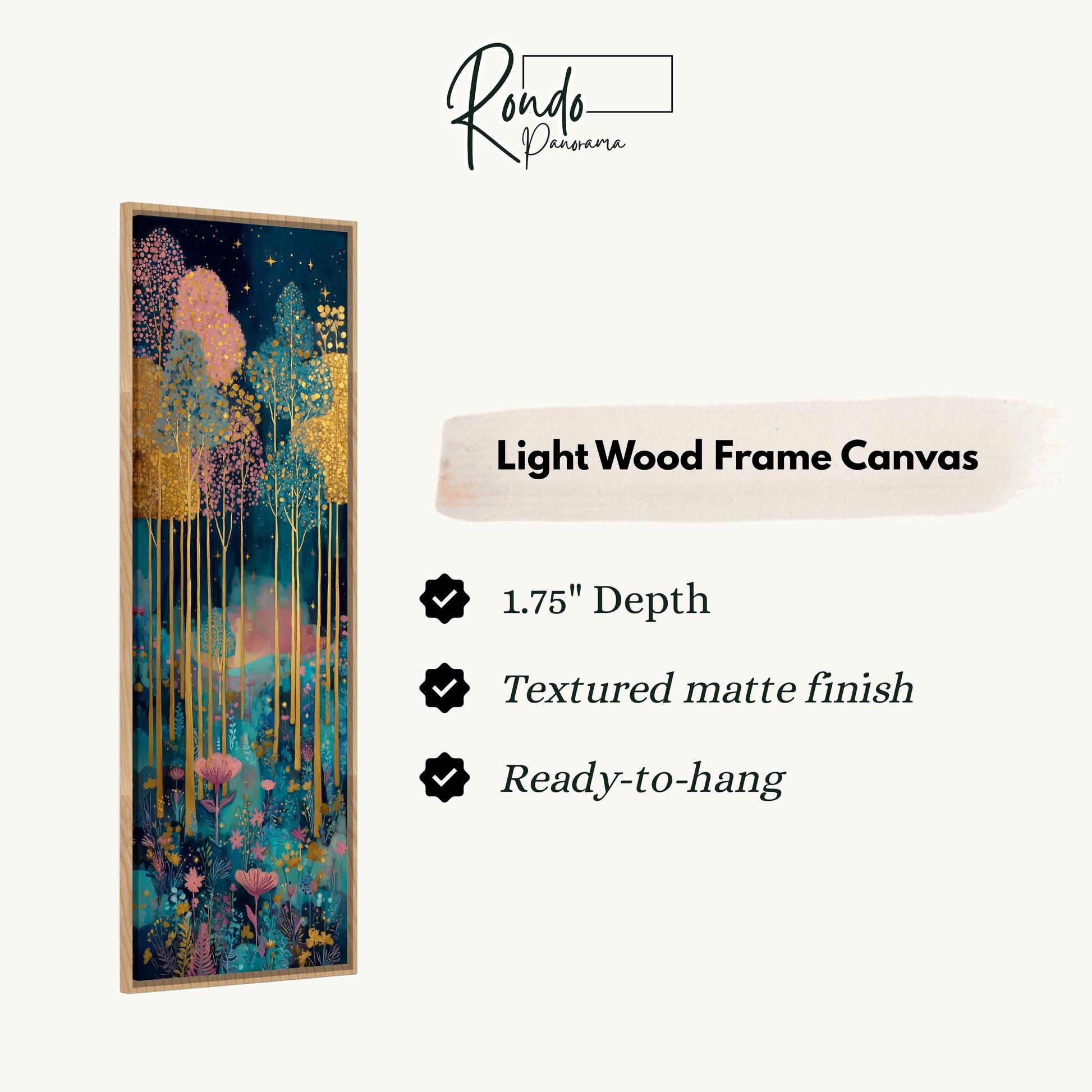 The image is a vertical advertisement for a light wood frame canvas. It features a vibrant, colorful painting of a forest scene with trees, flowers, and a night sky. The advertisement highlights the features of the canvas, including its 1.75" depth, textured matte finish, and ready-to-hang nature.