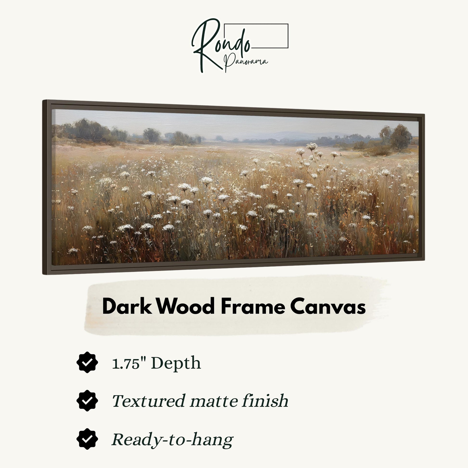 The image is a framed artwork depicting a field of flowers.