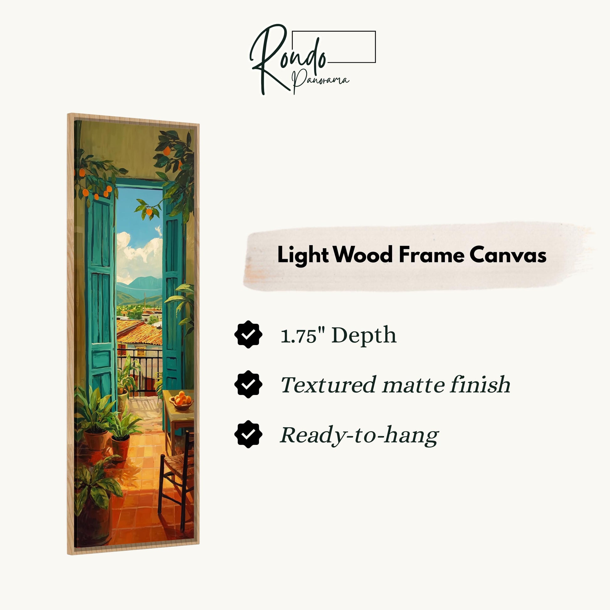 The image is a light wood frame canvas depicting a balcony with a view of a cityscape.