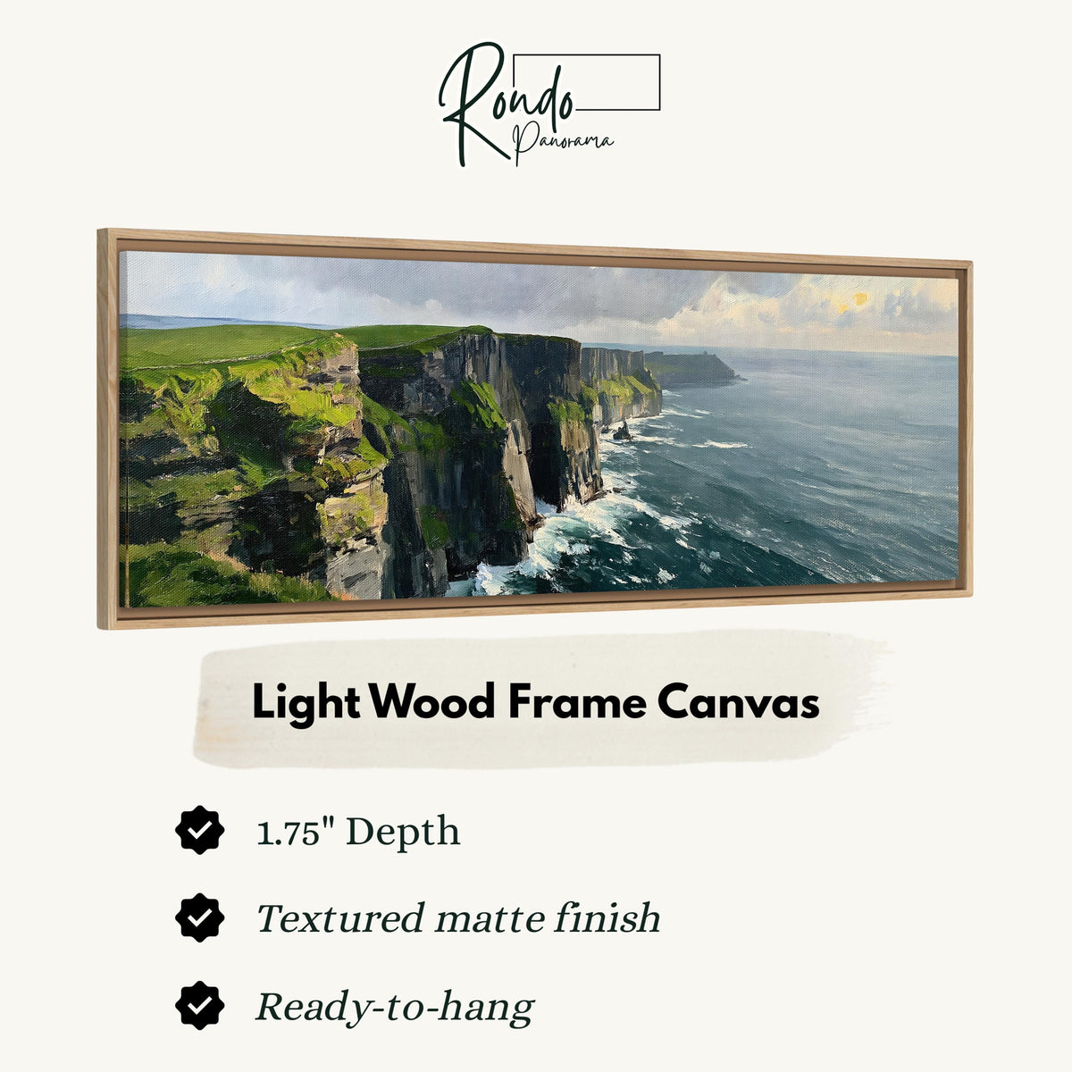 Emerald sea cliffs canvas print in a light wood floating frame