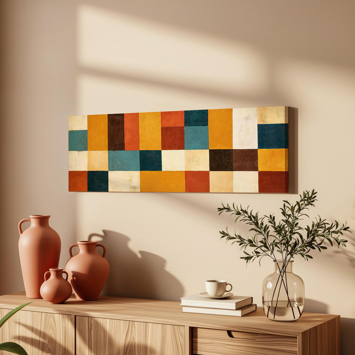 Ochre, rust and teal patchwork blocks long horizontal canvas print above a wooden sideboard