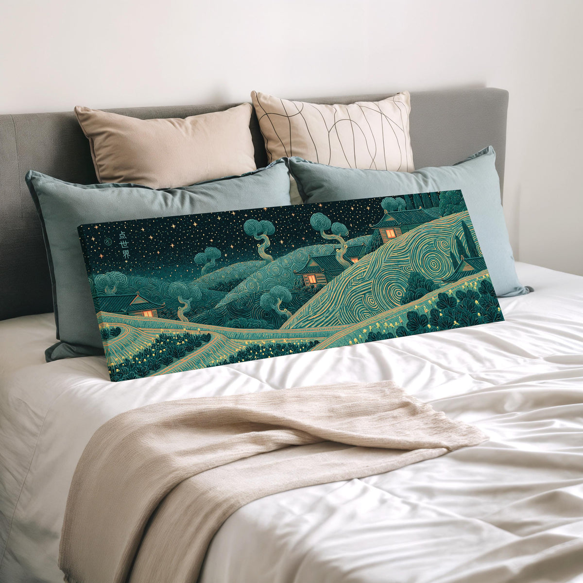 Village on swirling hills at night wide panoramic canvas print laid on a bed to show its size