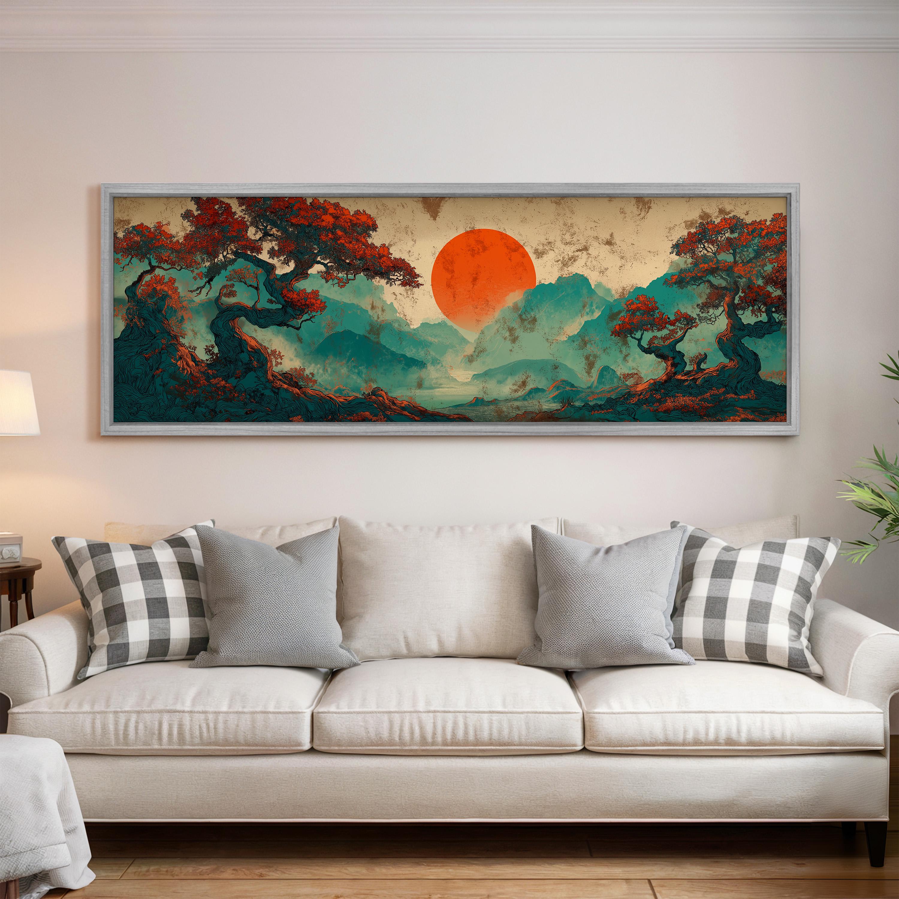 a large, colorful painting of a landscape with a prominent sun in the sky, surrounded by trees and mountains. The painting is displayed on a wall above a white couch, creating a visually striking and artistic focal point in the room.