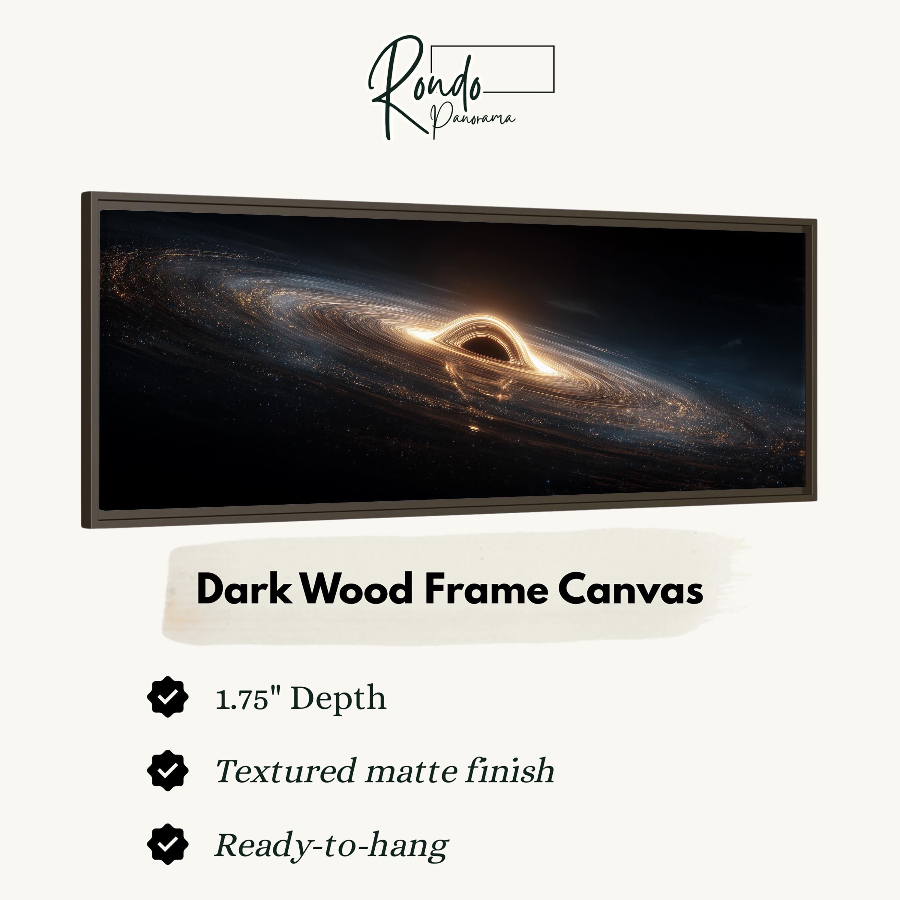 The image is a dark wood frame canvas depicting a large black hole in space with a bright light at its center.