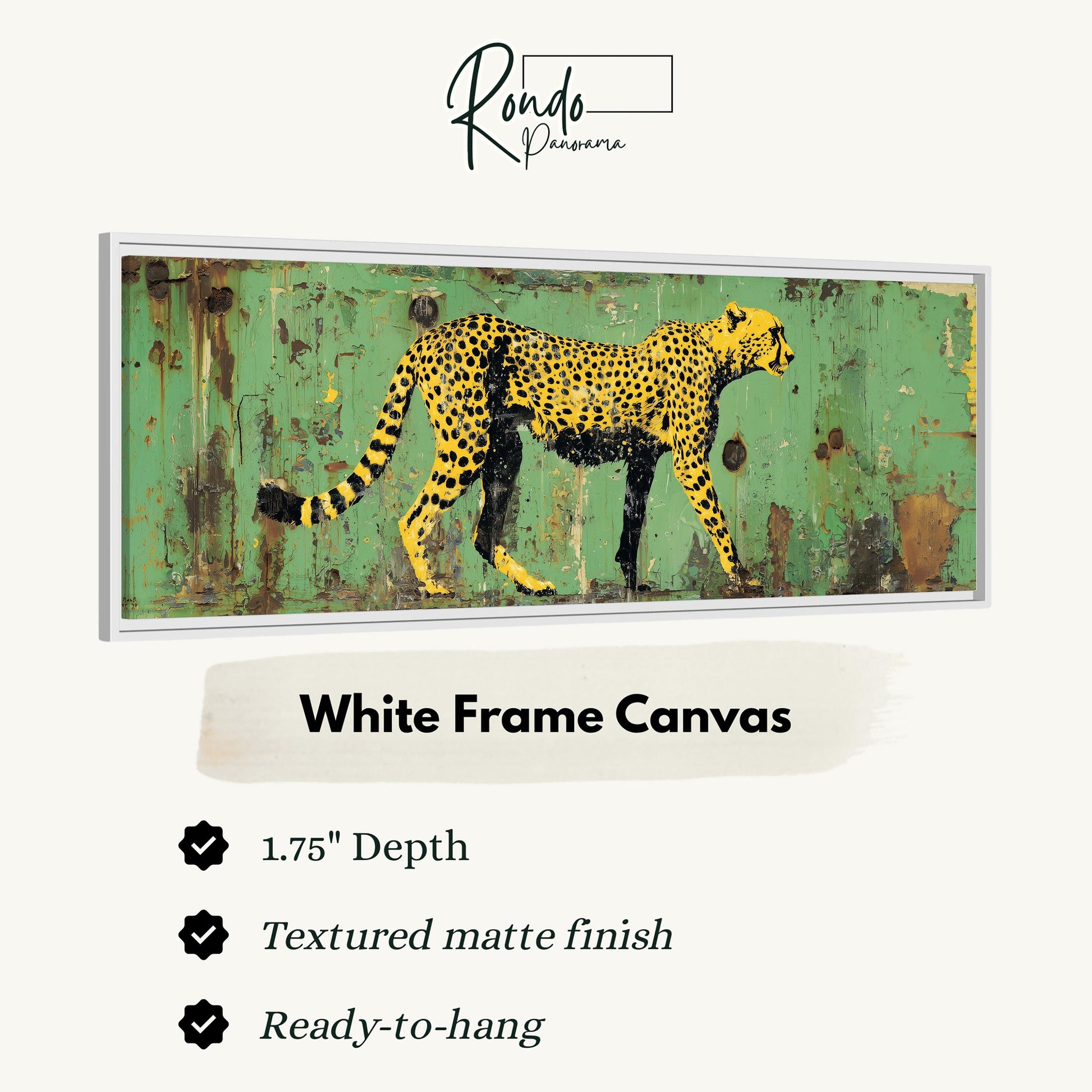 A white frame canvas depicting a cheetah walking on a green background.