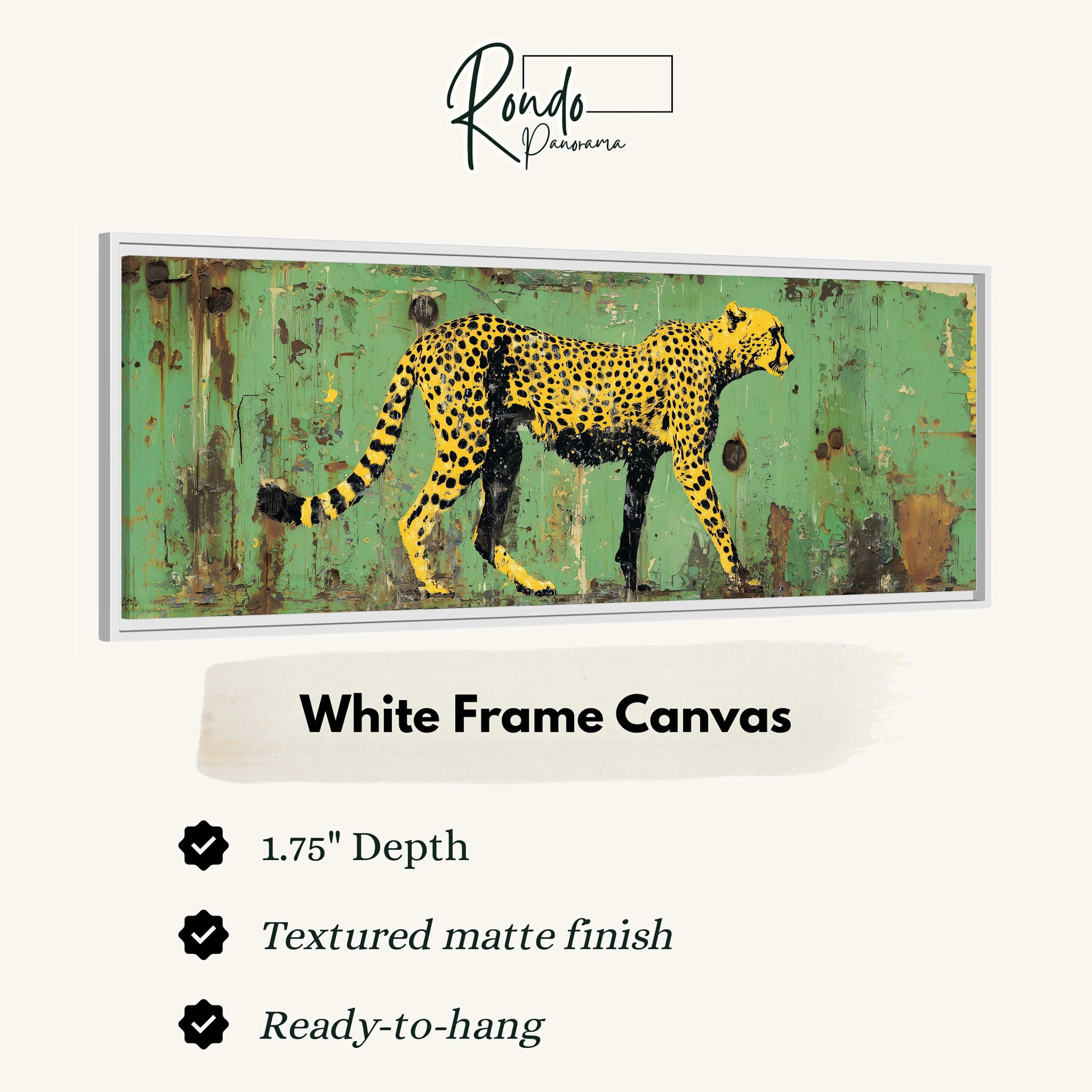 A white frame canvas depicting a cheetah walking on a green background.