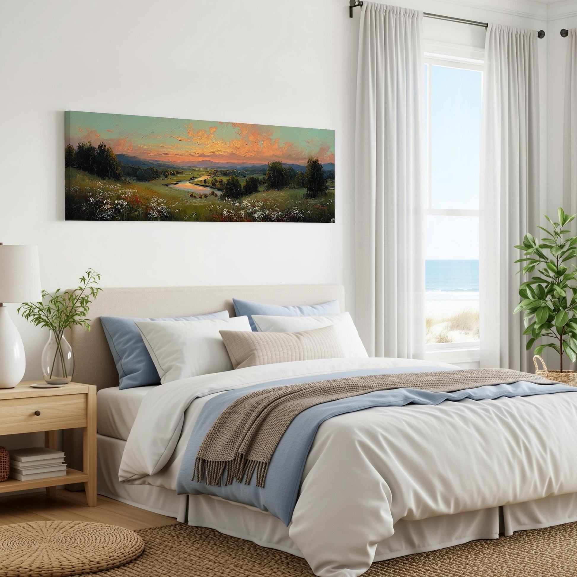 a serene bedroom with a large bed, a nightstand, and a painting of a countryside landscape hanging on the wall.
