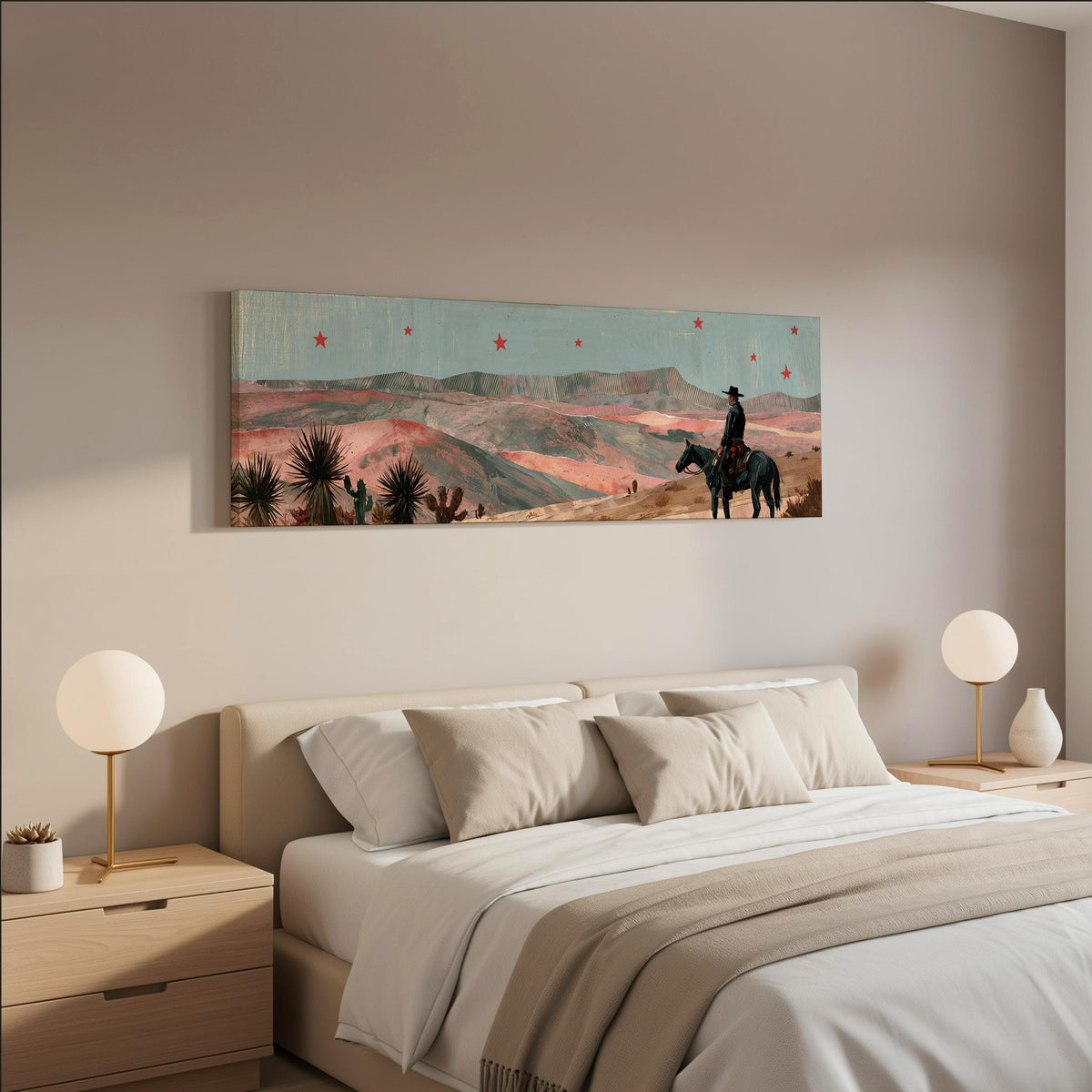 Desert cowboy under red stars wide panoramic canvas print above a bed in a neutral bedroom
