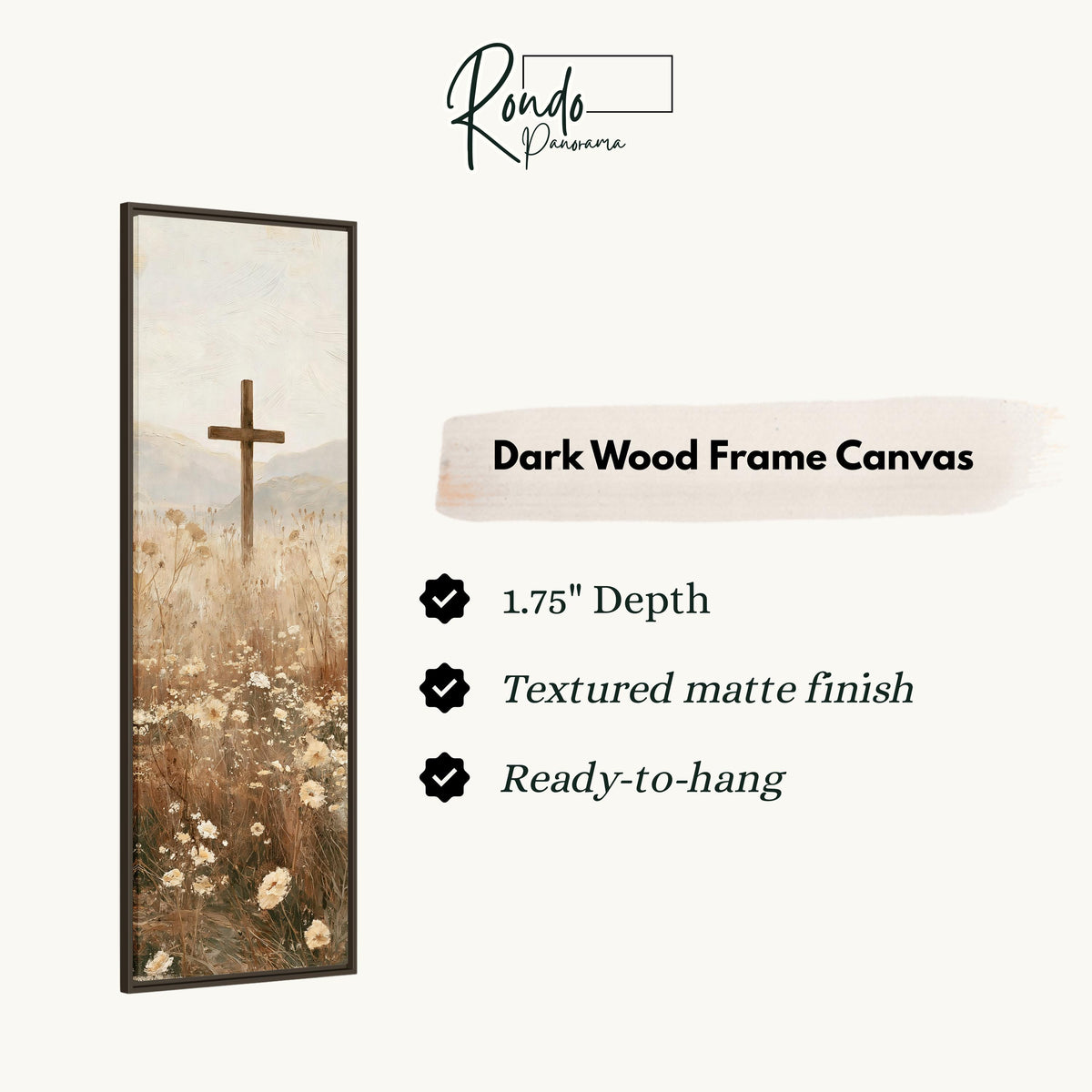 Wooden cross in a daisy field canvas print in a dark wood floating frame