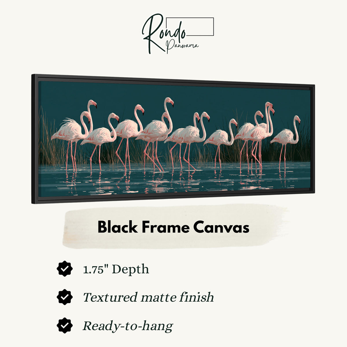 Blush pink flamingos on dark teal water canvas print in a black floating frame