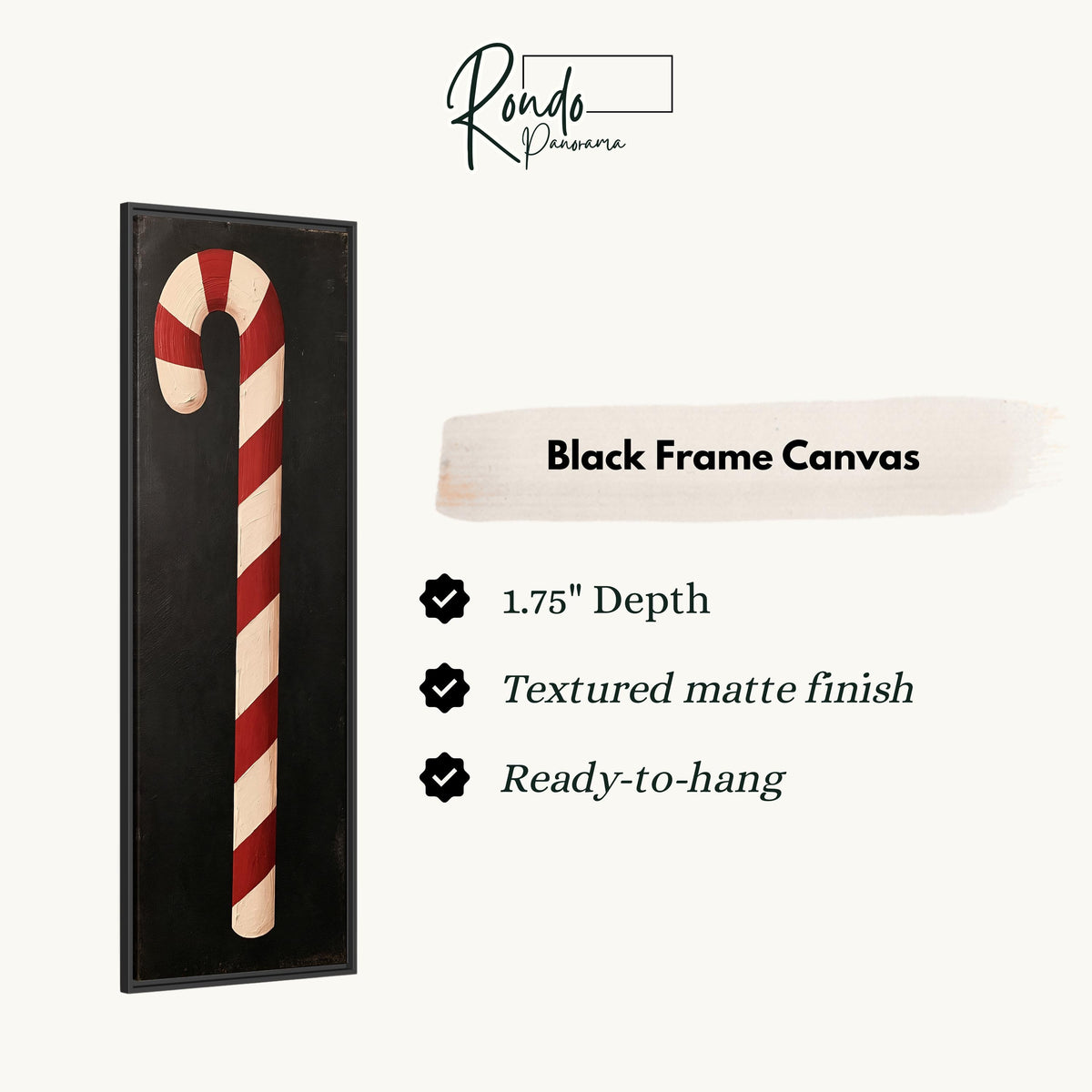 Single candy cane on black canvas print in a black floating frame